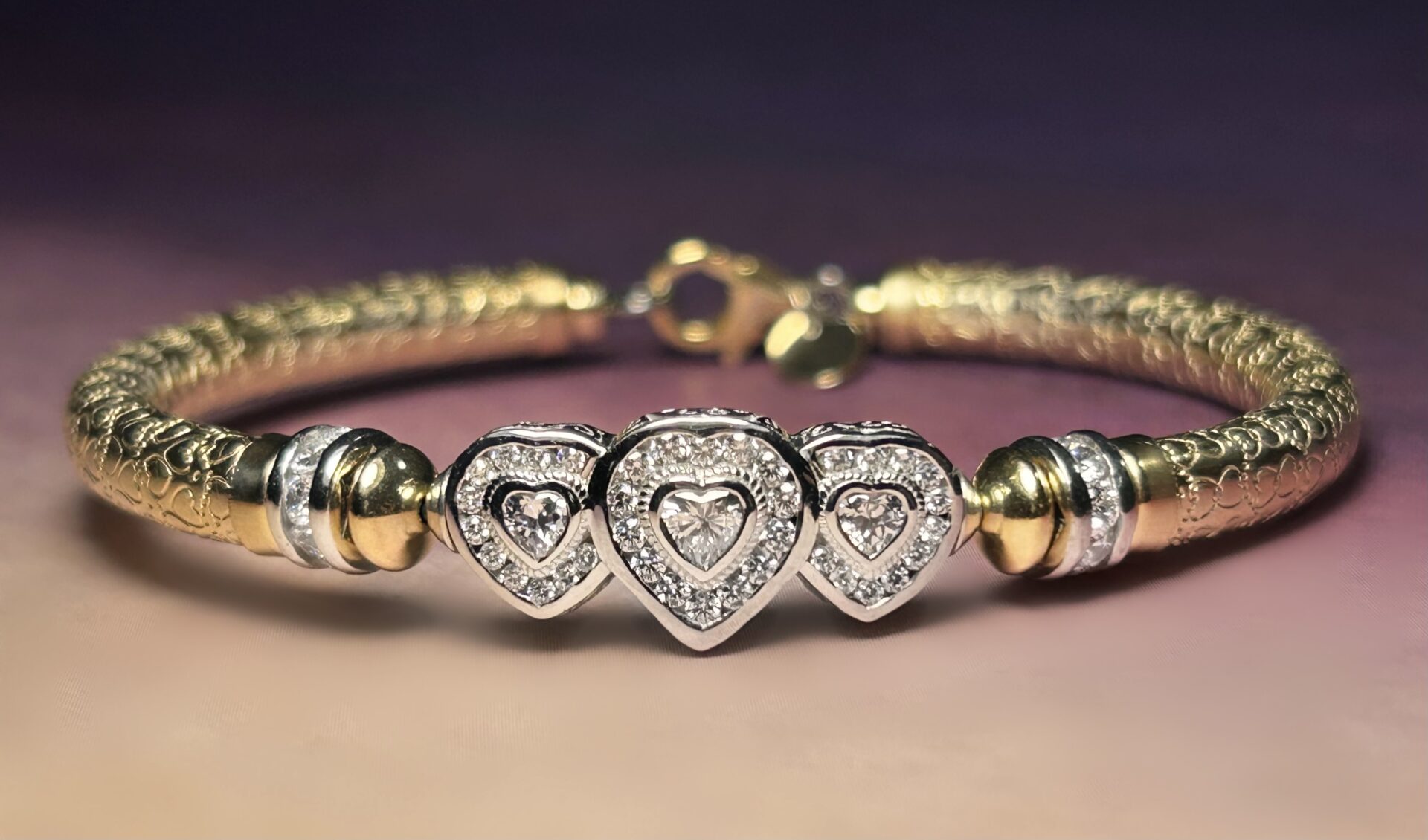 Annabella Cz Tri Heart Wide Band Gold Filled Bracelet