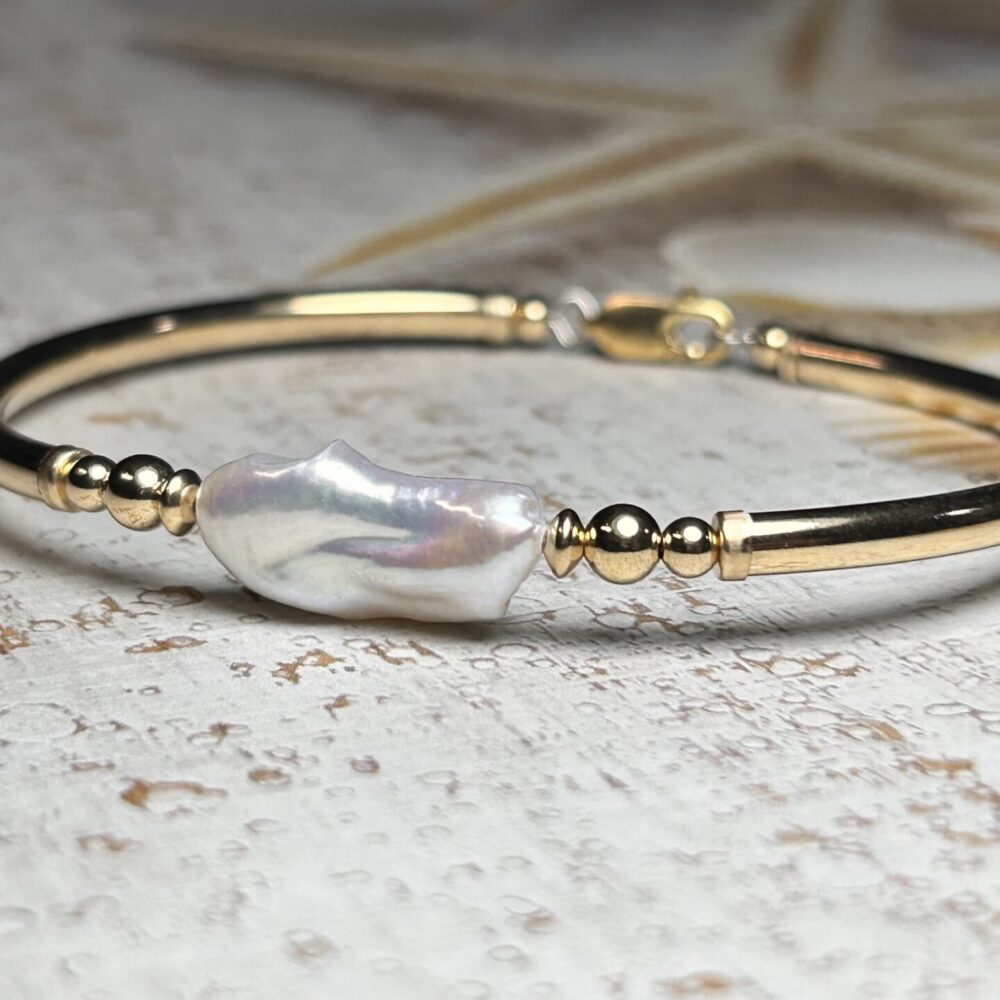 Keshi Long White Pearl Gold Filled Bracelet