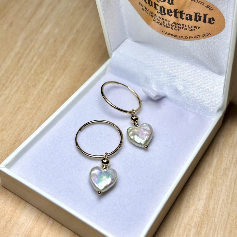 White Pearl Heart Gold Filled Hoops
