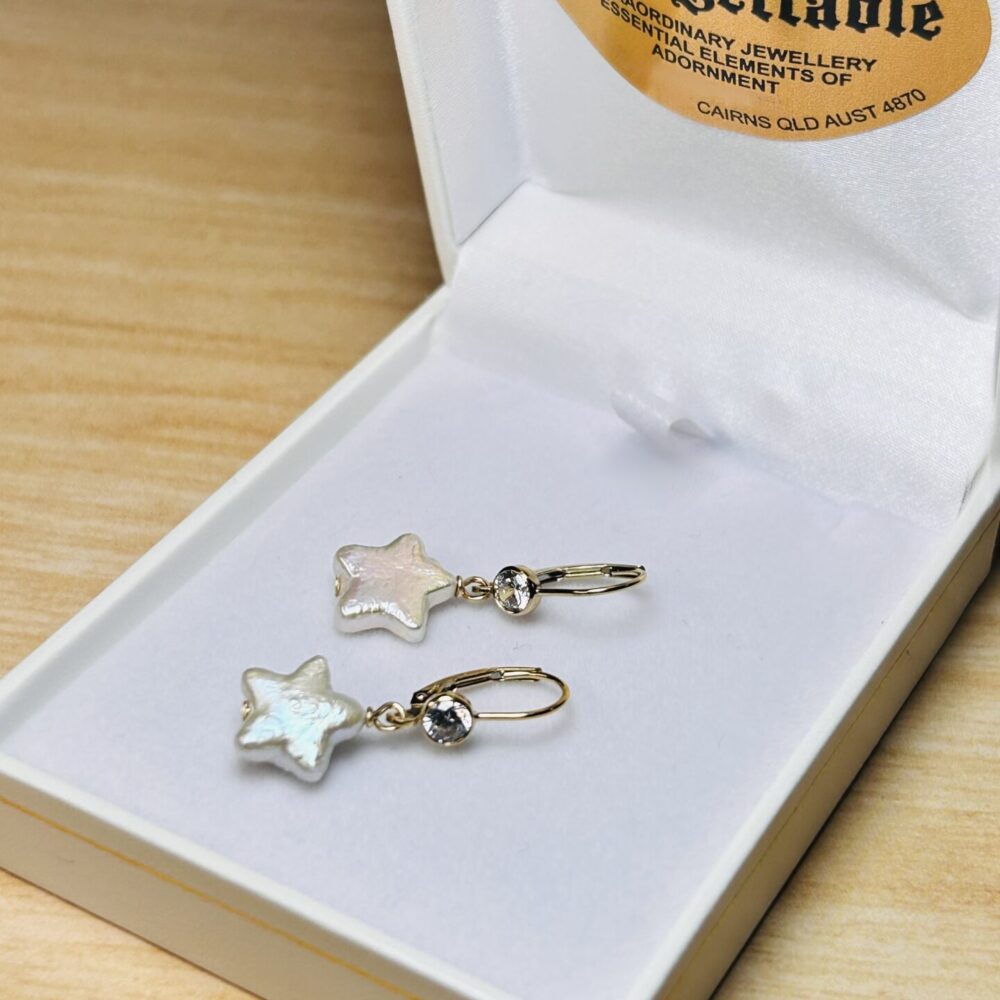 White Pearl Star Cz Gold Filled Lever Back Earrings