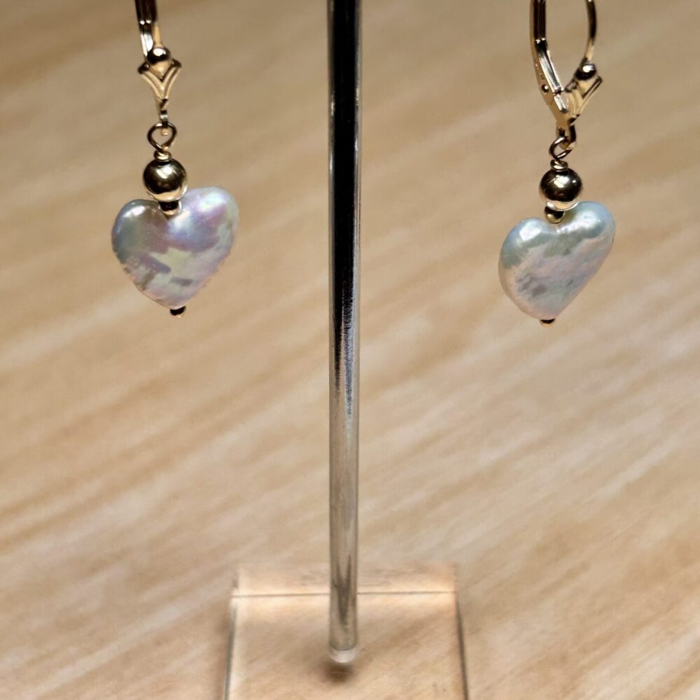 White Pearl Heart Gold Filled Lever Back Earrings