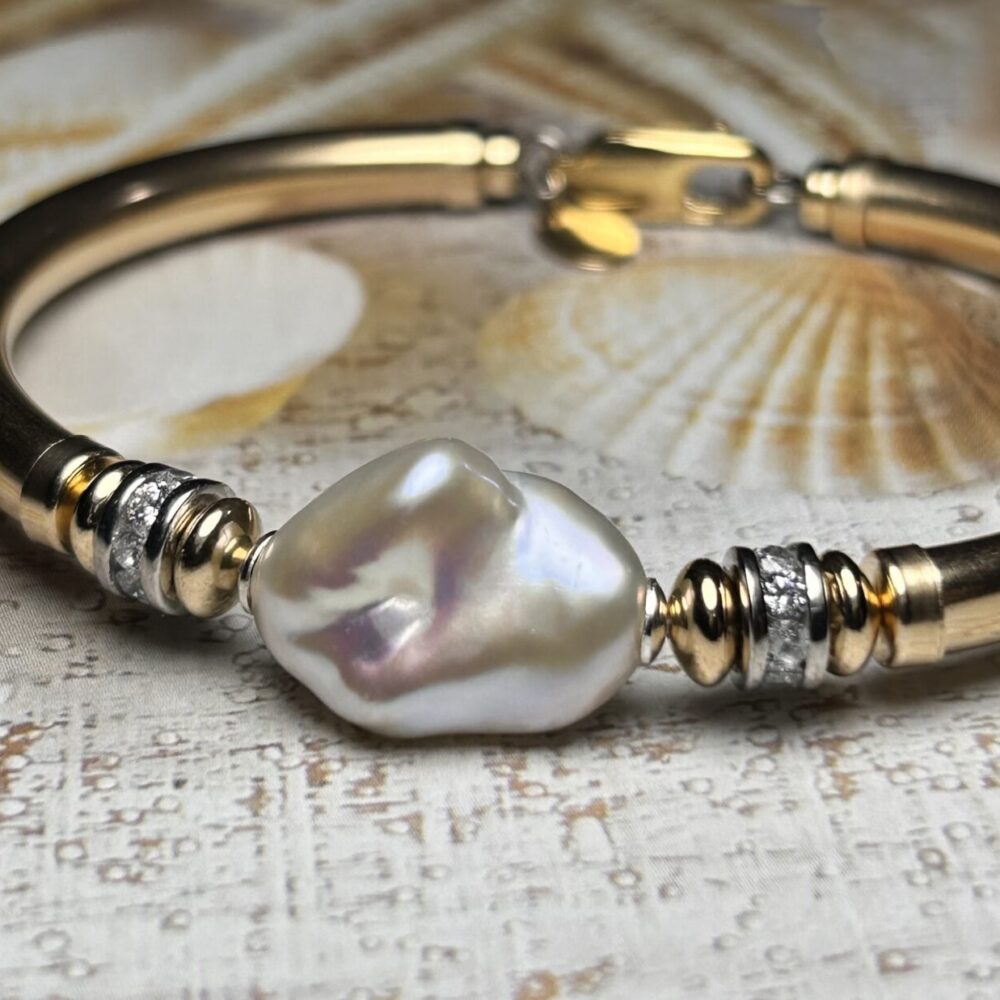 White Baroque Pearl Cz Wide Band Gold Filled Bracelet