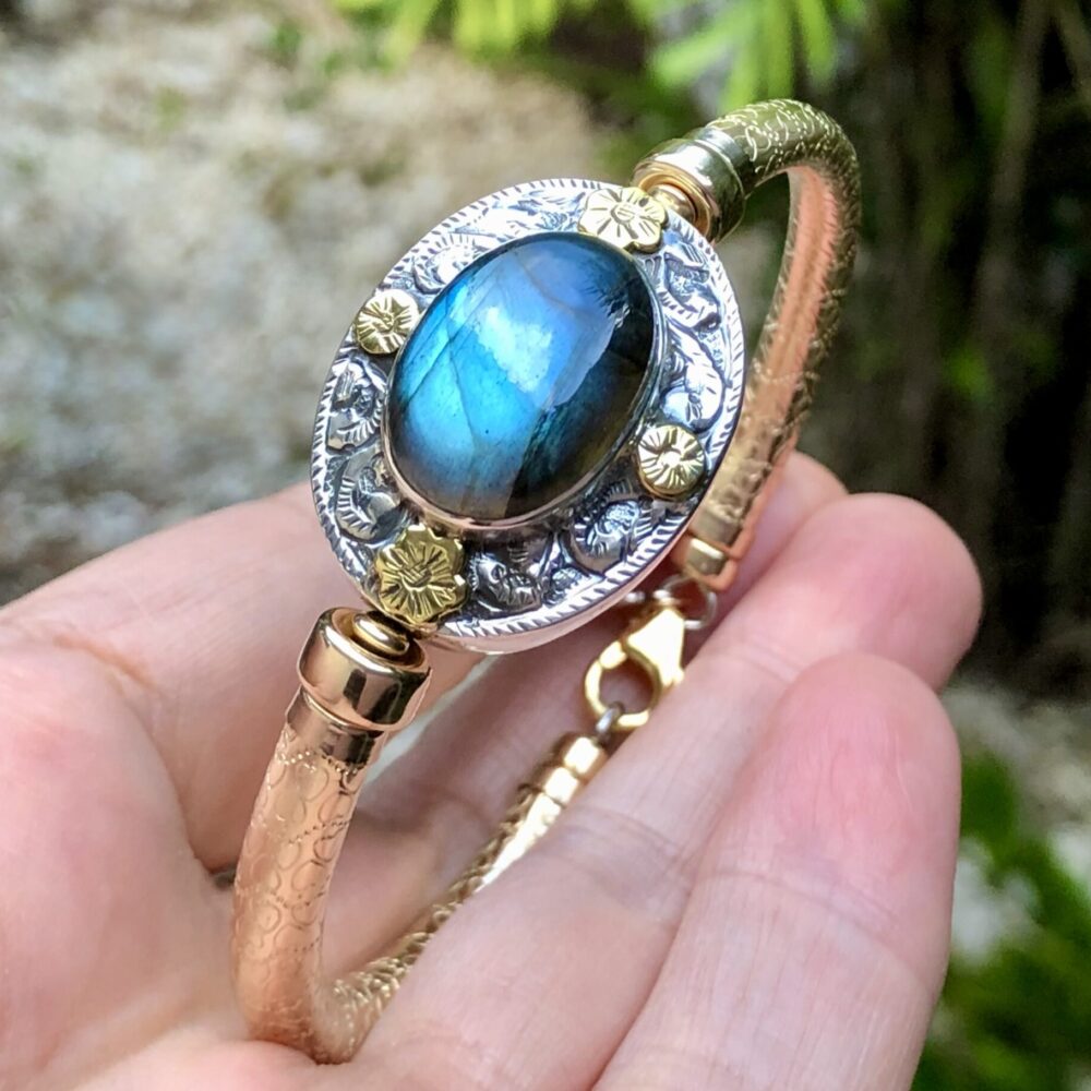 Labradorite Wide Band Gold Filled Bracelet
