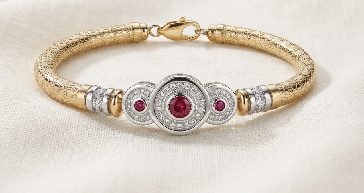Tri Anastasia Ruby Wide Band Gold Filled Bracelet