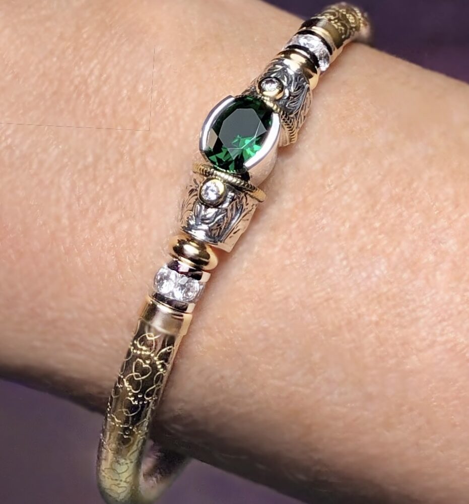 Aurora Emerald Gold Filled Wide Band Bracelet