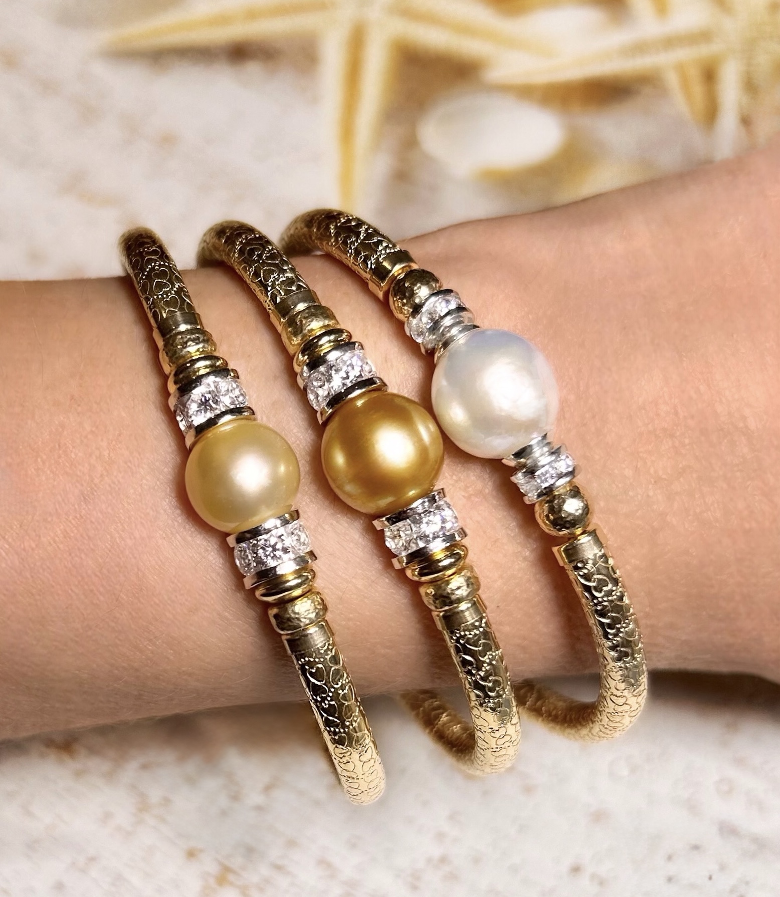 Round Golden South Sea Pearl 925 Cz Wide Band Gold Filled Bracelet. - Image 2