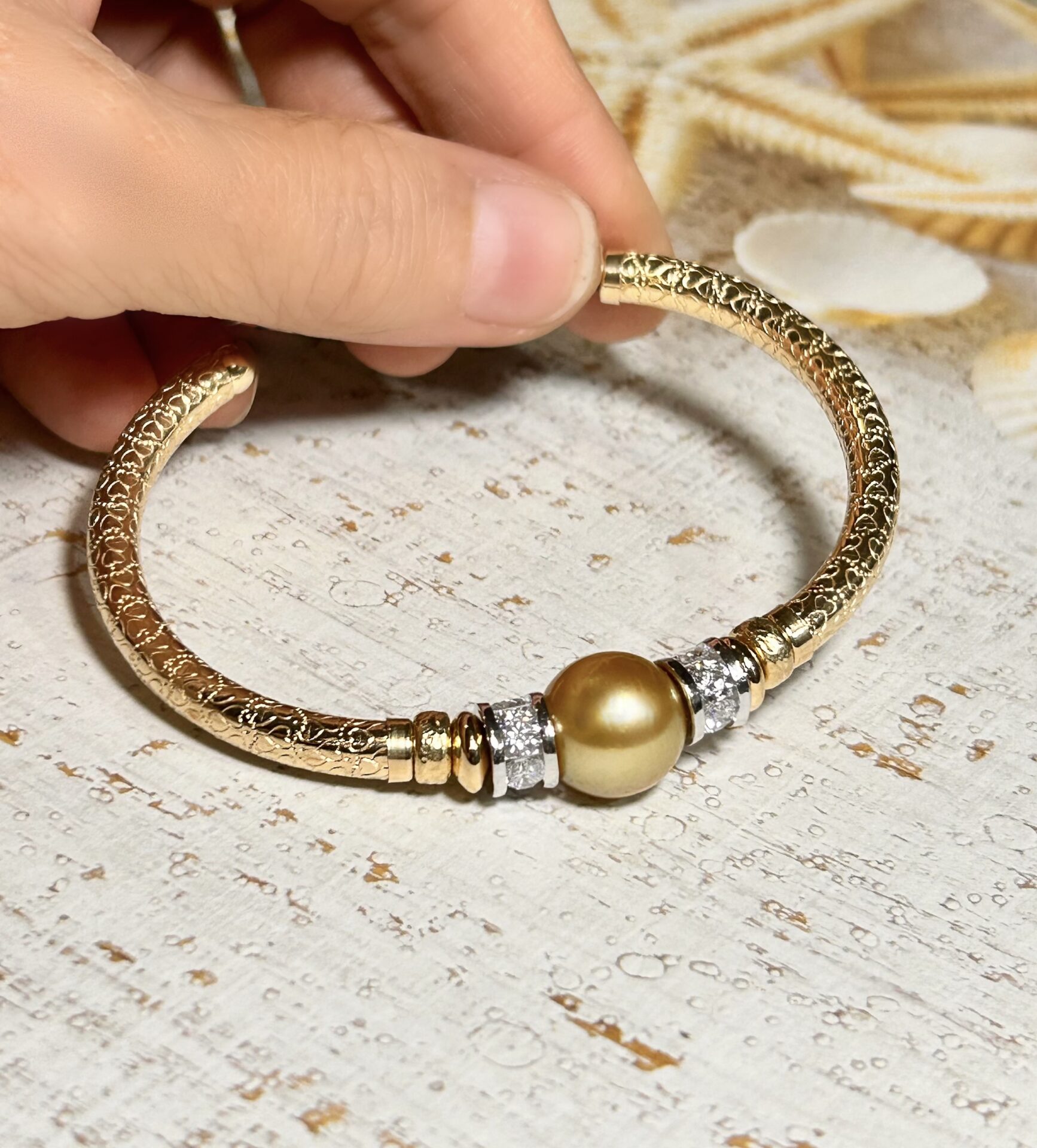 Round Golden South Sea Pearl 925 Cz Wide Band Gold Filled Bracelet. - Image 4