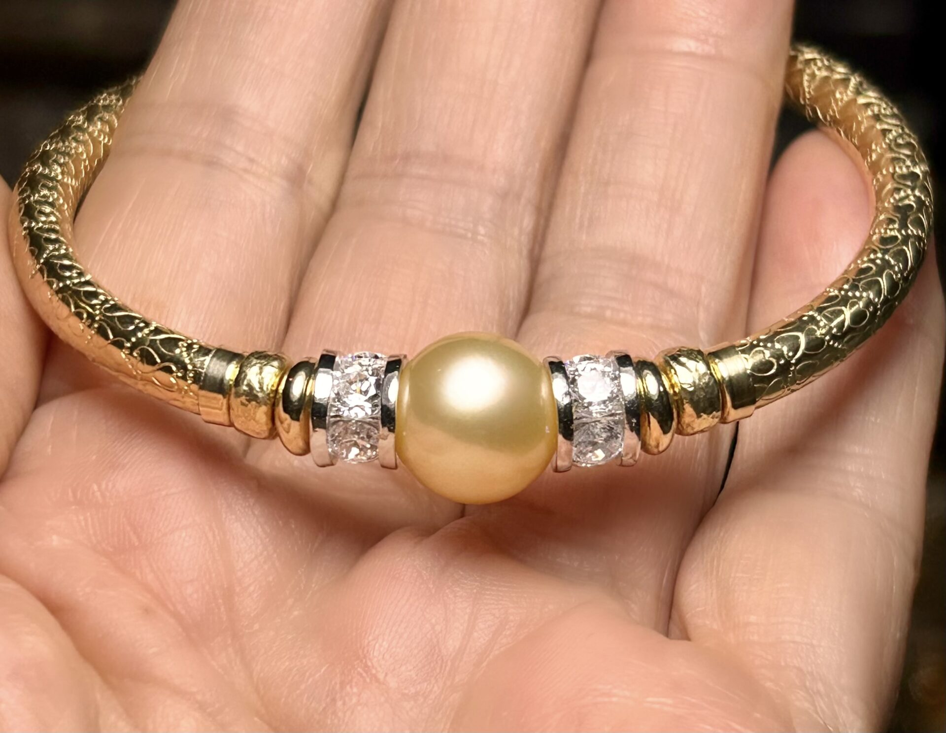 Round Golden South Sea Pearl 925 Cz Wide Band Gold Filled Bracelet. - Image 6