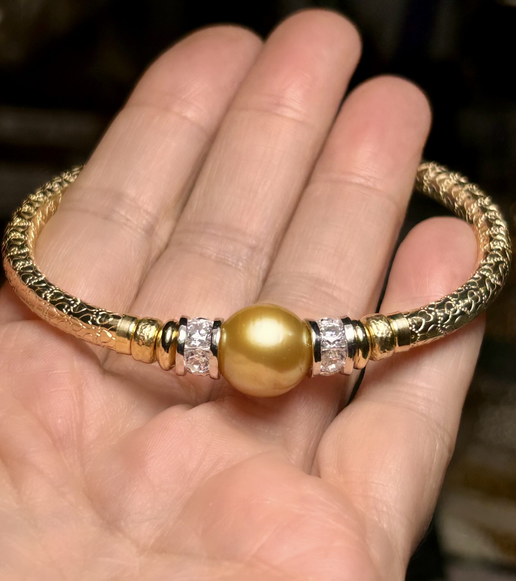Round Golden South Sea Pearl 925 Cz Wide Band Gold Filled Bracelet. - Image 3