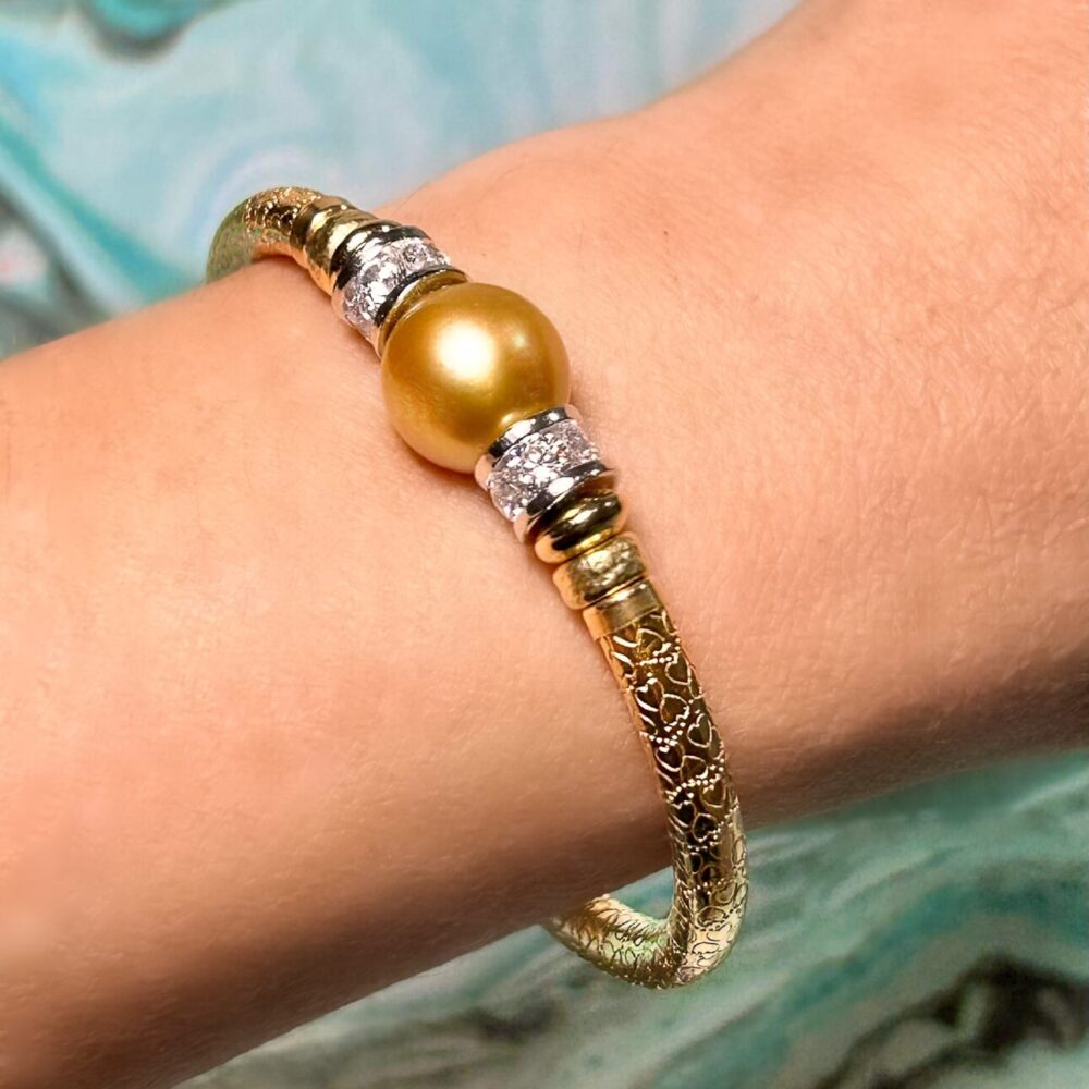 Round Golden South Sea Pearl 925 Cz Wide Band Gold Filled Bracelet.