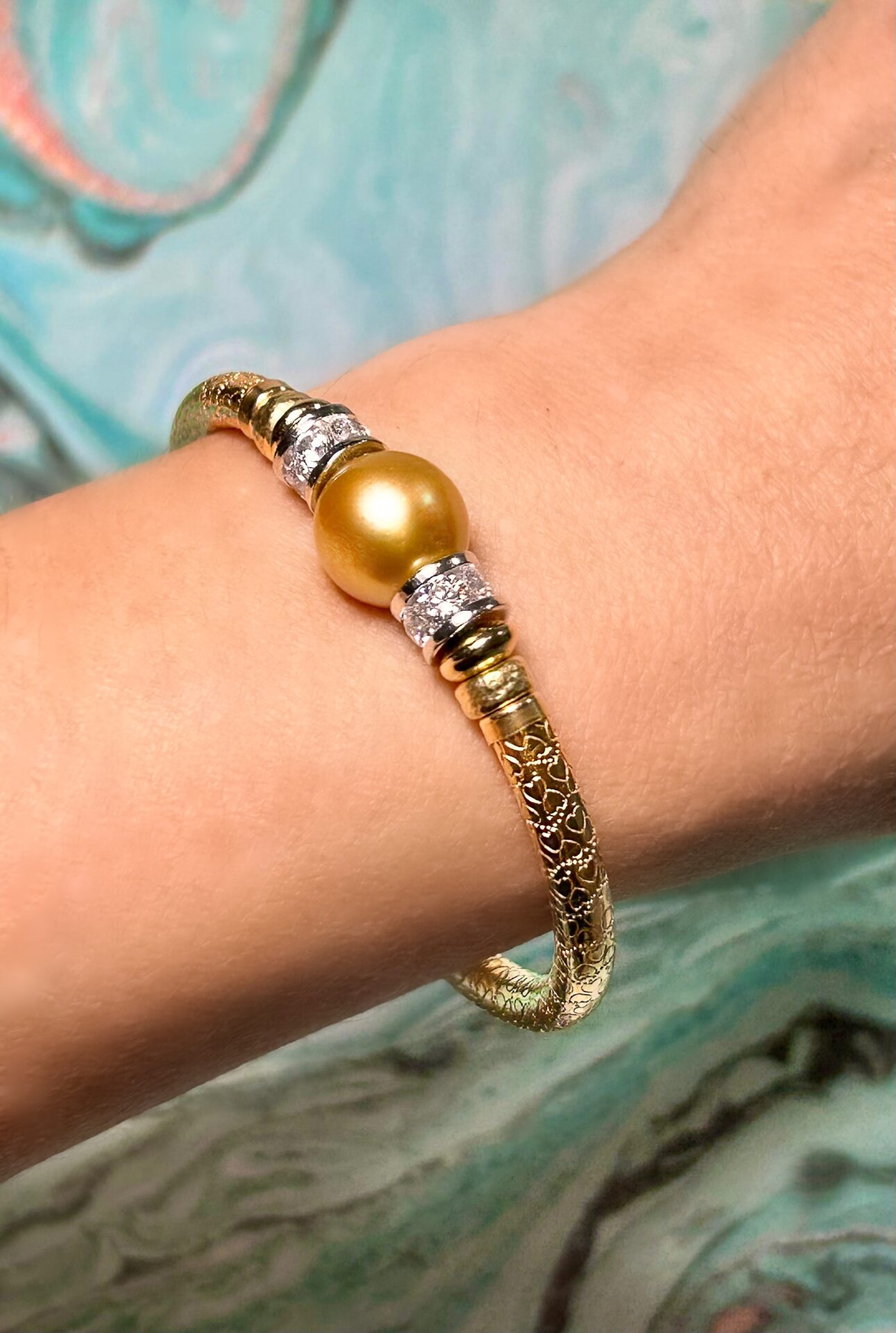 Round Golden South Sea Pearl 925 Cz Wide Band Gold Filled Bracelet.