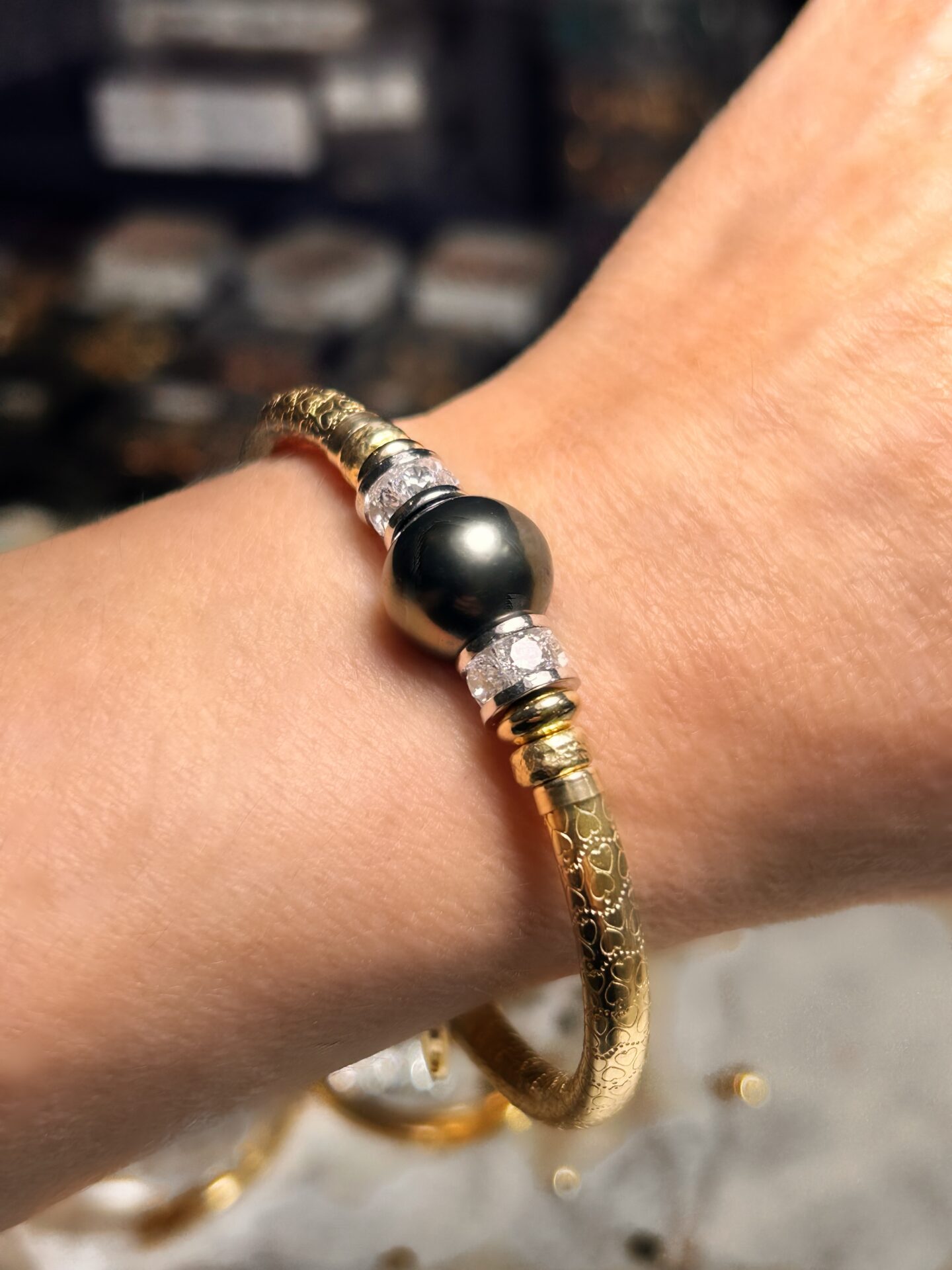 Round Tahitian Black Pearl 925 Cz Wide Band Gold Filled Bracelet