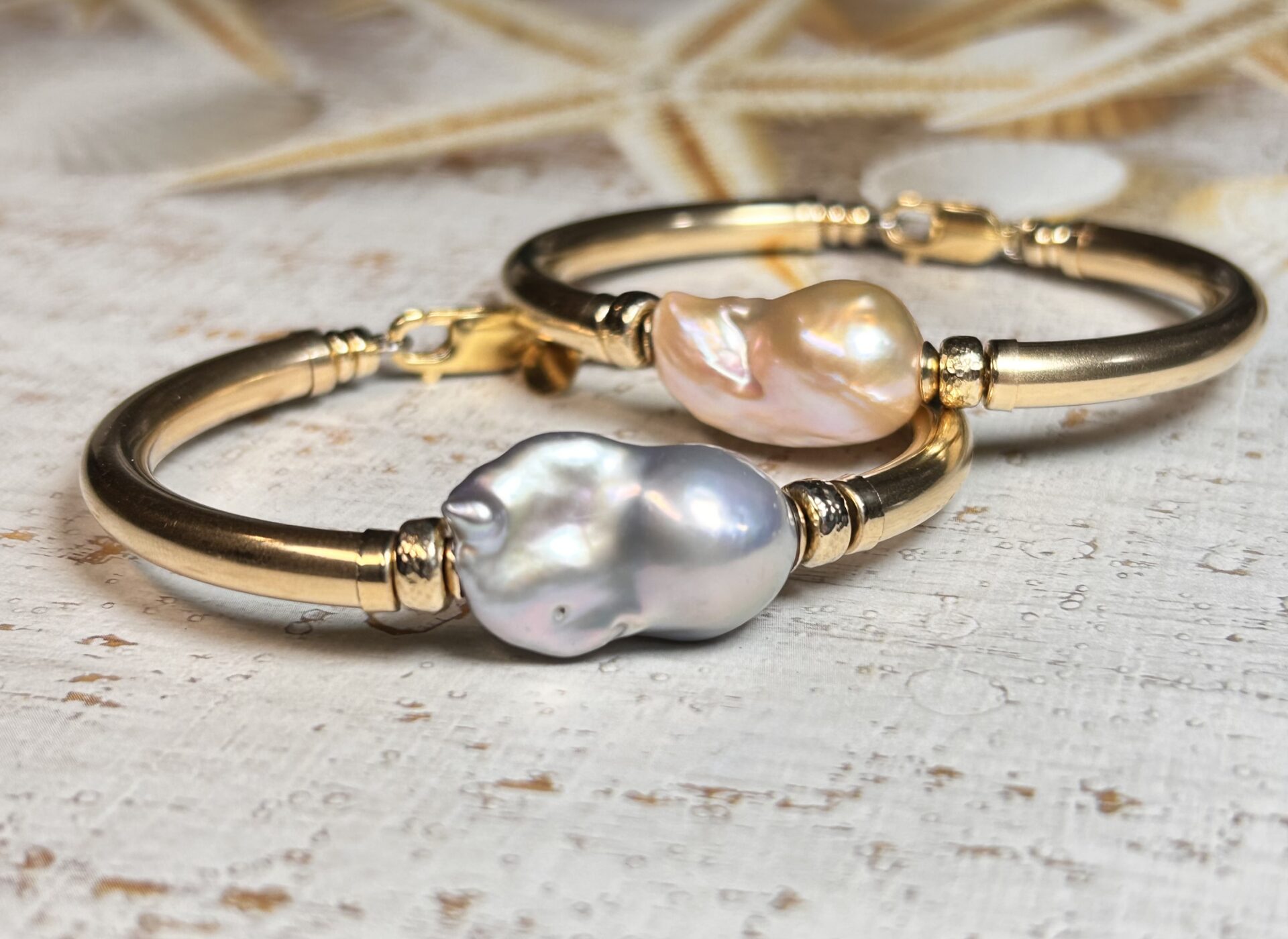 Baroque Pink Pearl Wide Band Gold Filled Bracelet - Image 3