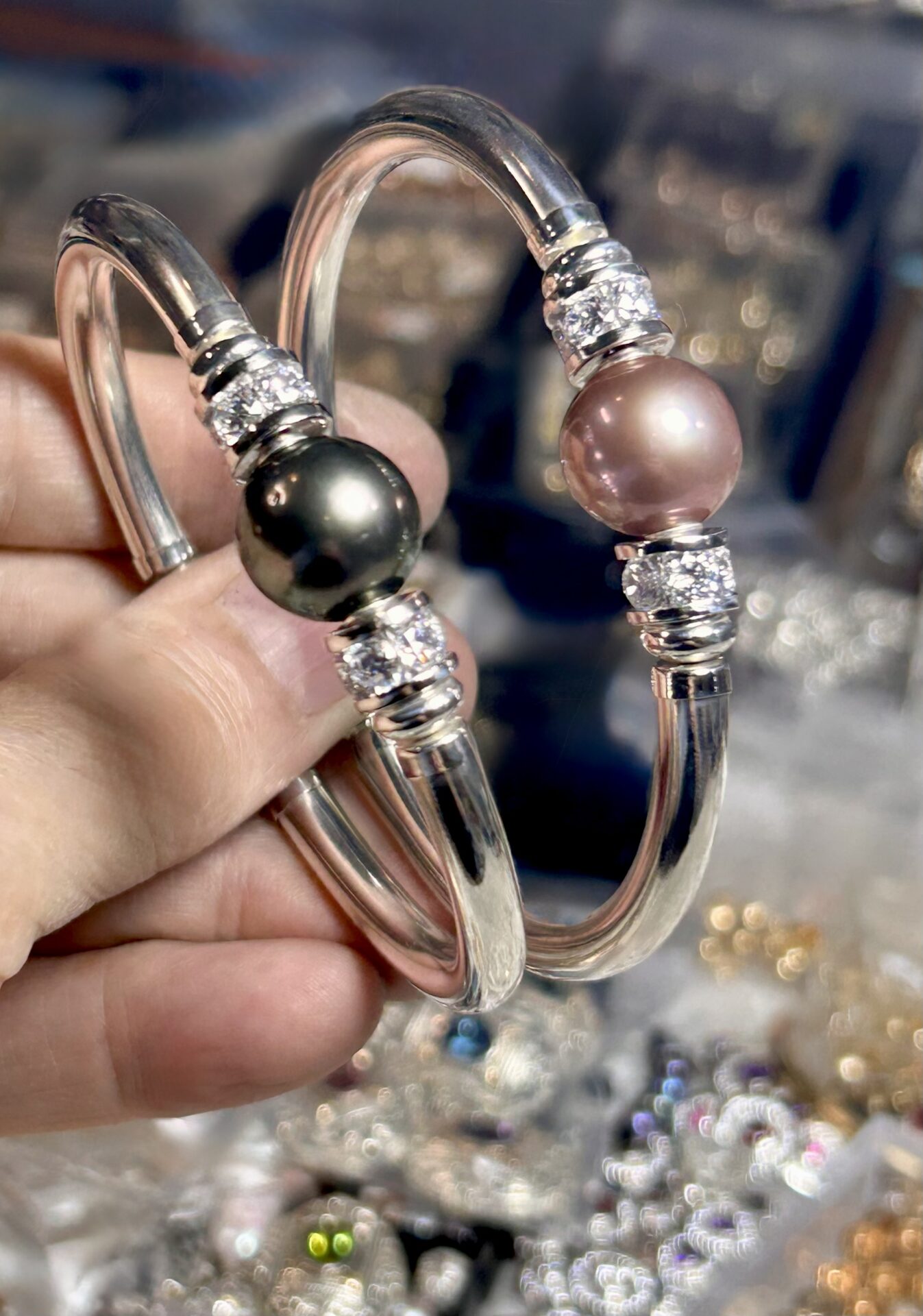 Round Tahitian Black Pearl Cz 925 Wide Band Bracelet - Image 3