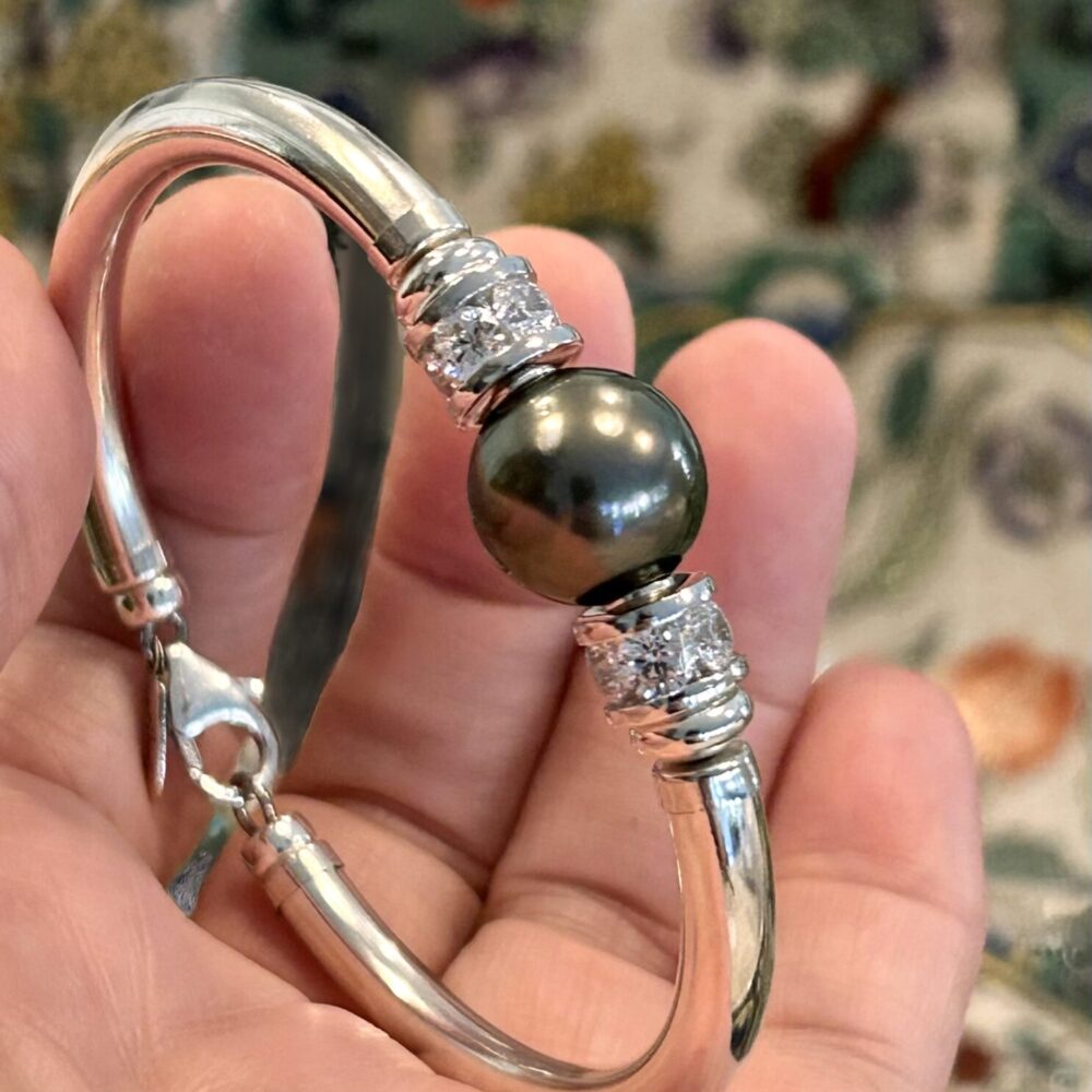 Round Tahitian Black Pearl Cz 925 Wide Band Bracelet