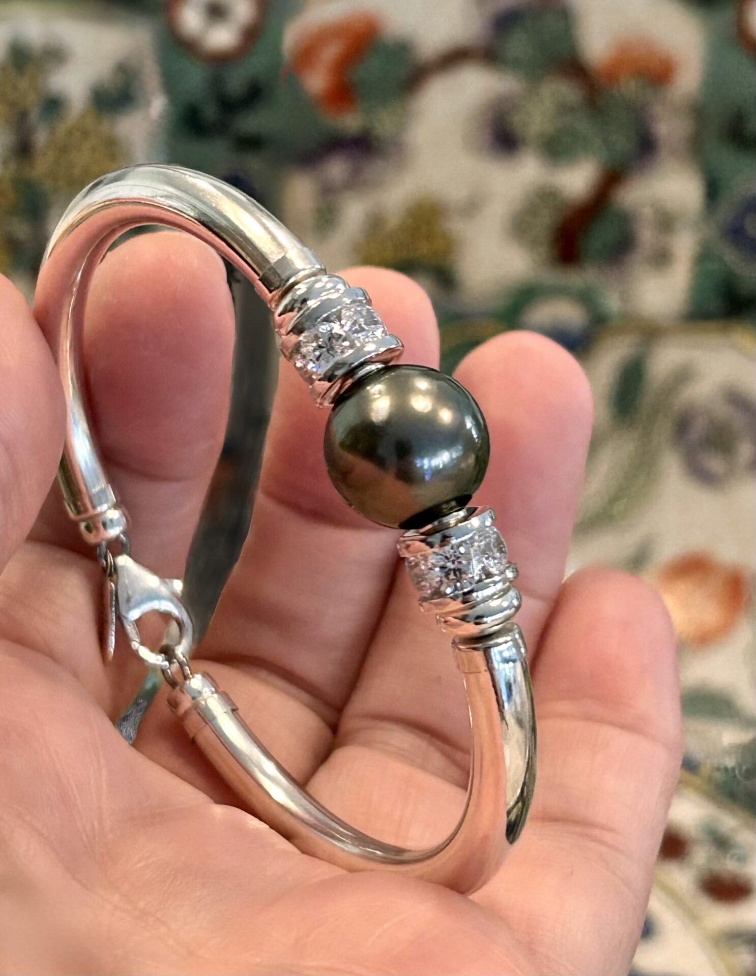 Round Tahitian Black Pearl Cz 925 Wide Band Bracelet