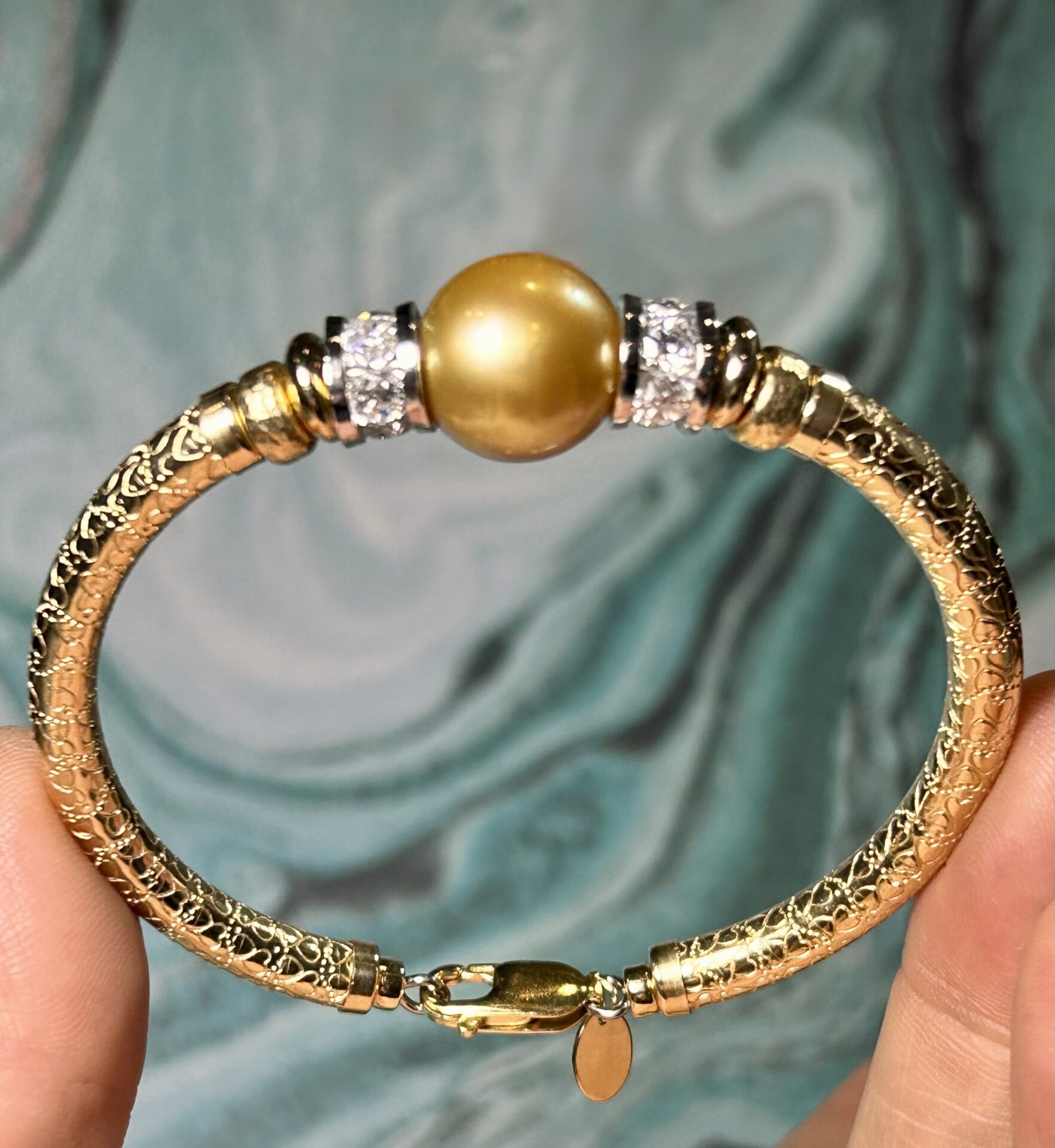 Round Golden South Sea Pearl 925 Cz Wide Band Gold Filled Bracelet. - Image 5