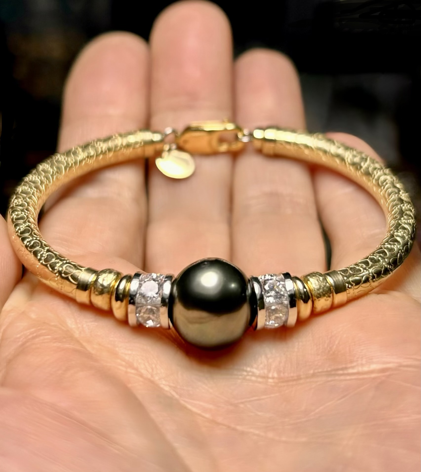 Round Tahitian Black Pearl 925 Cz Wide Band Gold Filled Bracelet - Image 2