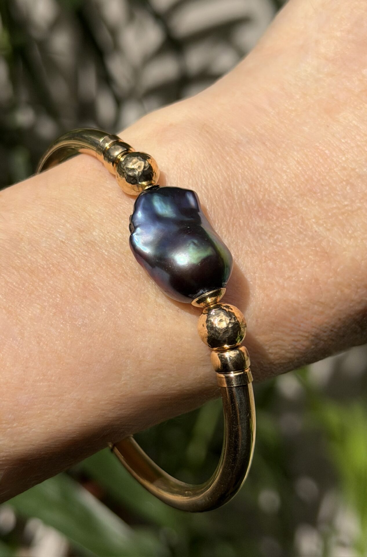 Baroque Black Pearl Wide Band Gold Filled Bracelet - Image 2