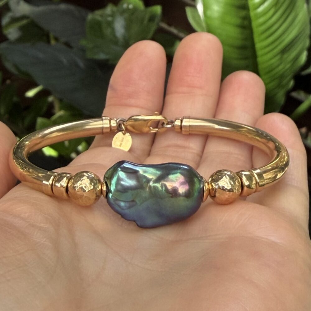 Baroque Black Peacock Pearl Wide Band Gold Filled Bracelet
