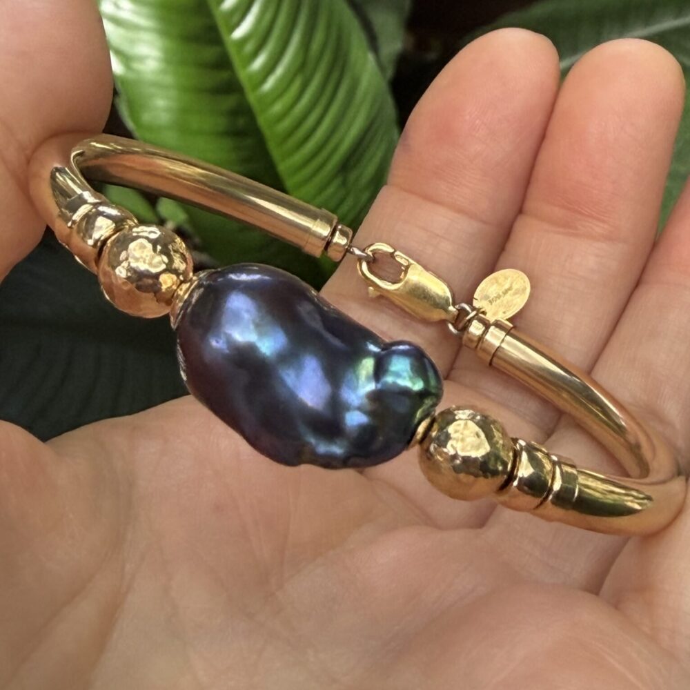 Baroque Black Pearl Wide Band Gold Filled Bracelet