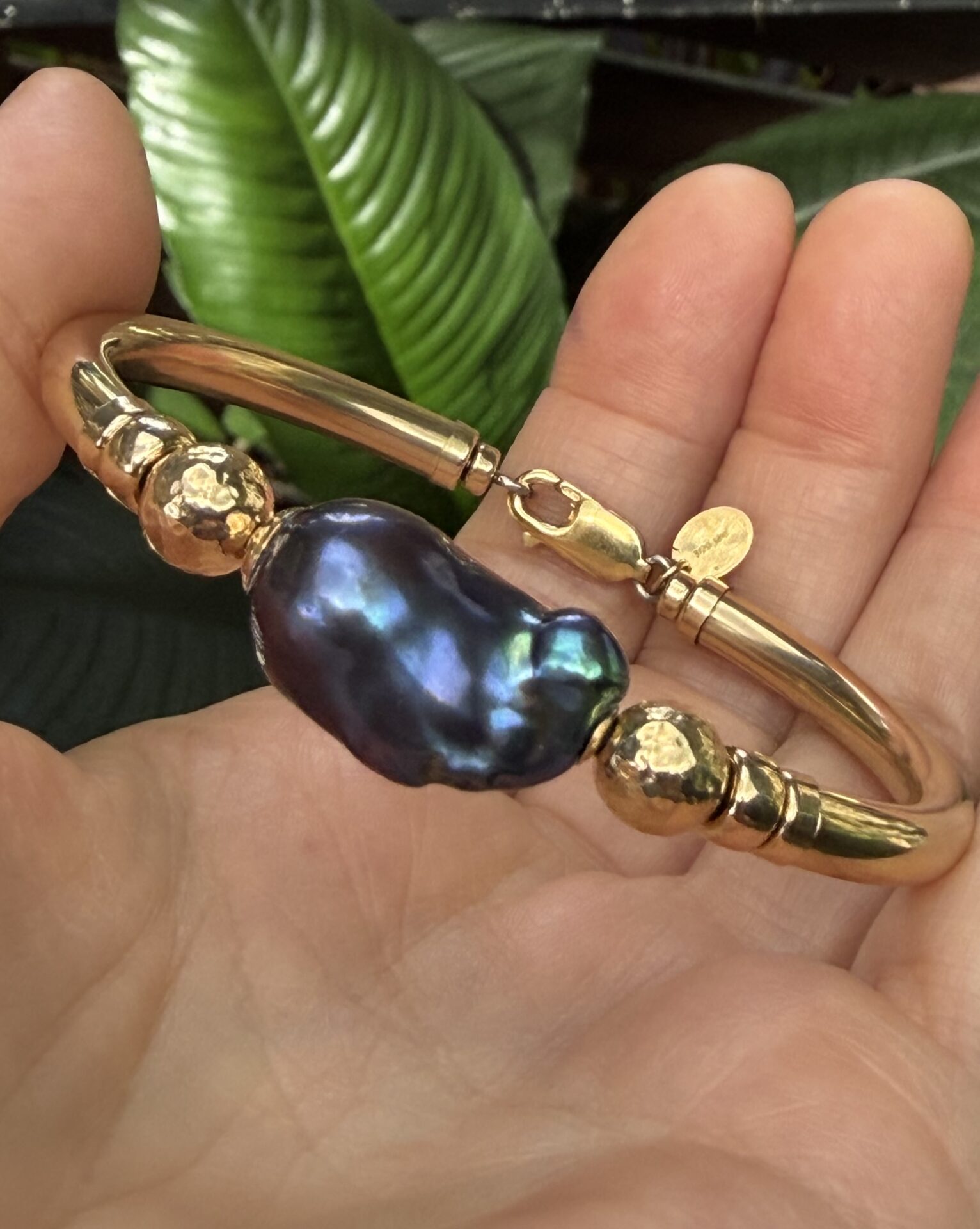 Baroque Black Pearl Wide Band Gold Filled Bracelet