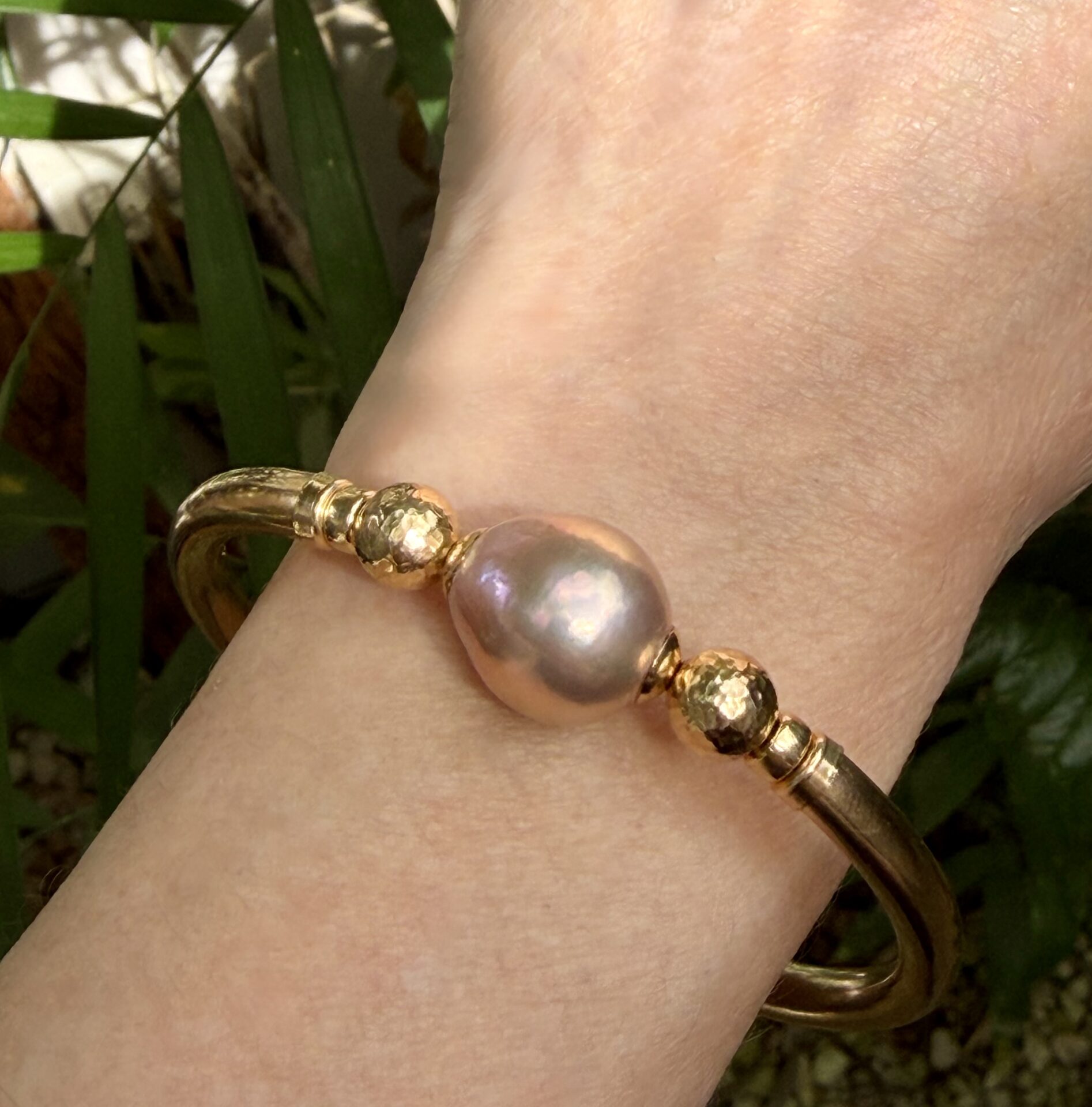 Baroque Pink Pearl Wide Band Gold Filled Bracelet - Image 2