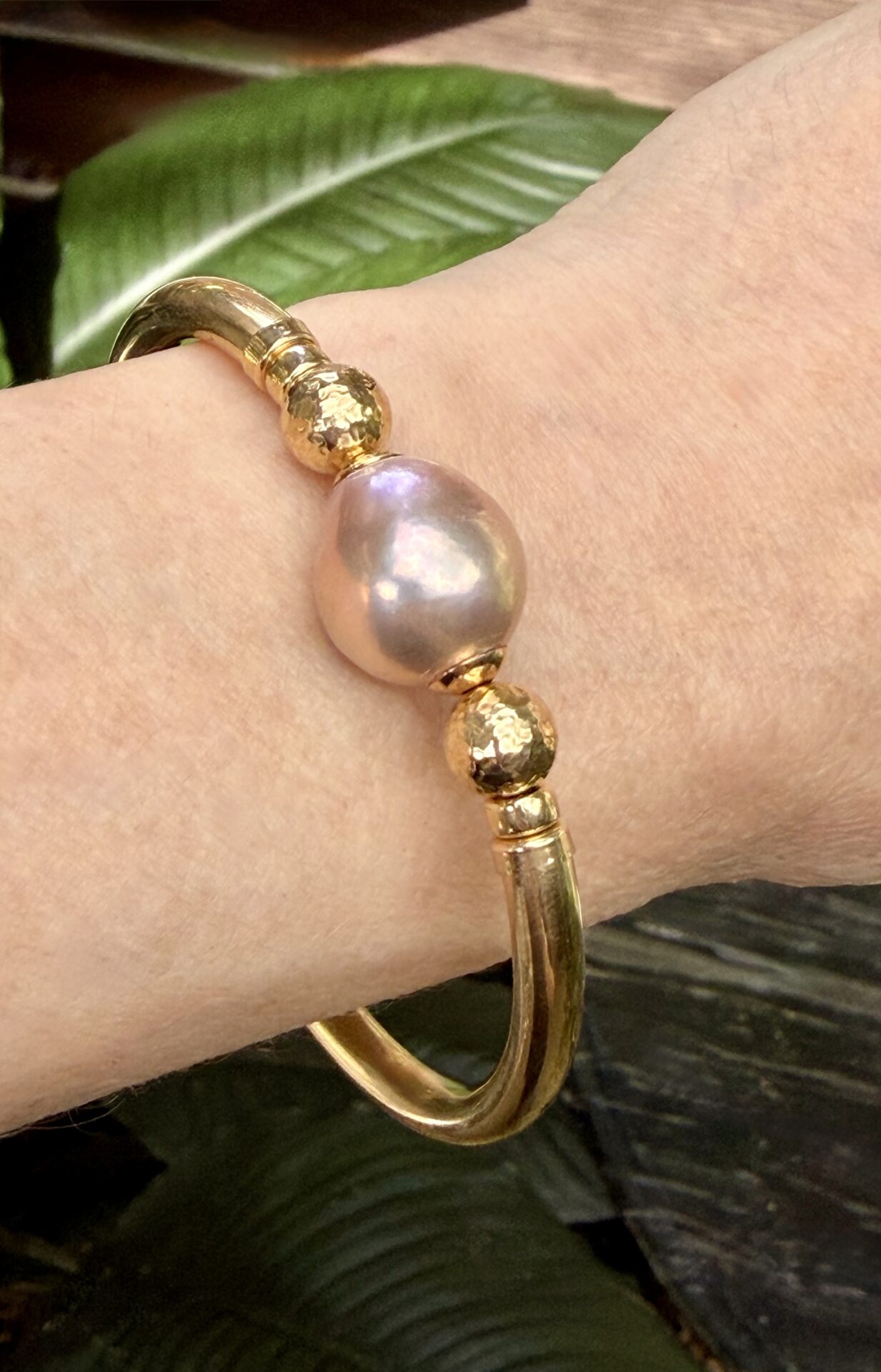 Baroque Pink Pearl Wide Band Gold Filled Bracelet - Image 3