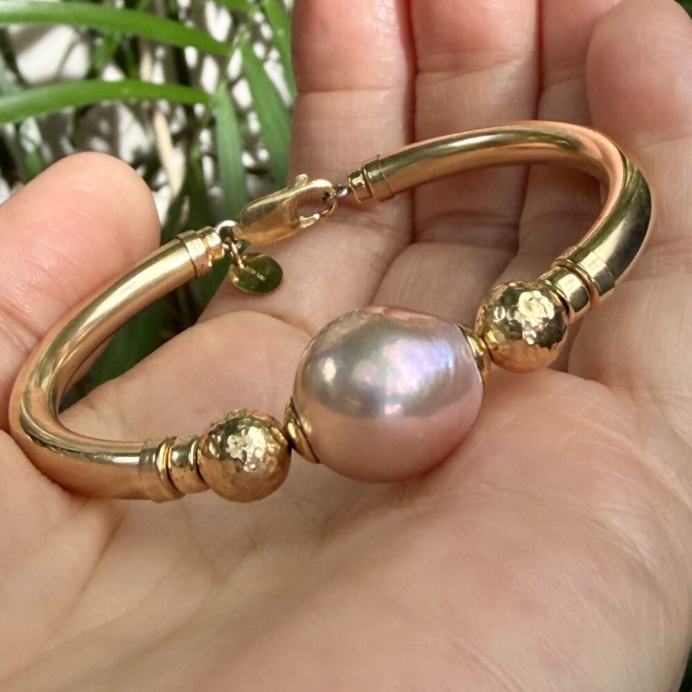 Baroque Pink Pearl Wide Band Gold Filled Bracelet