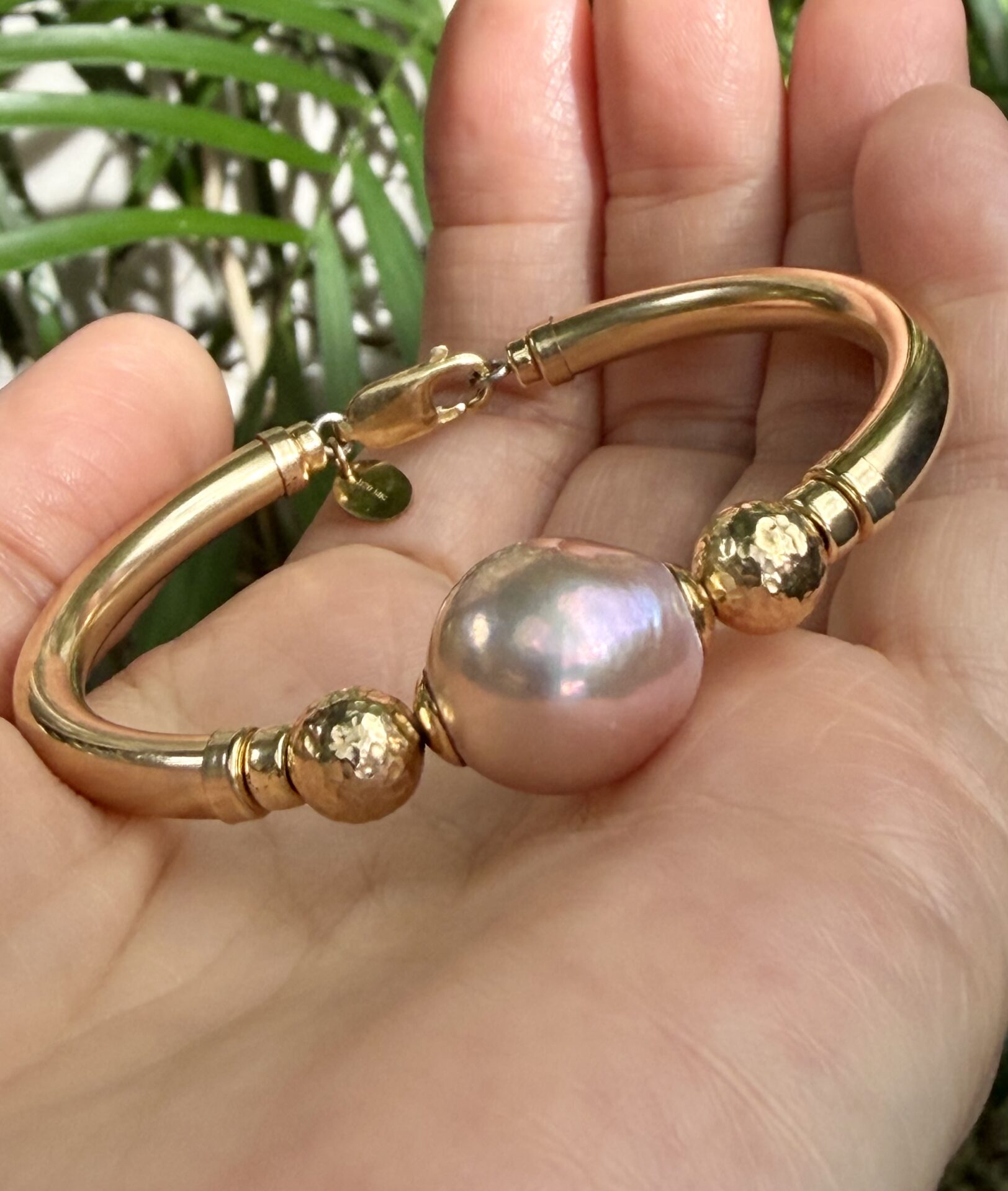 Baroque Pink Pearl Wide Band Gold Filled Bracelet
