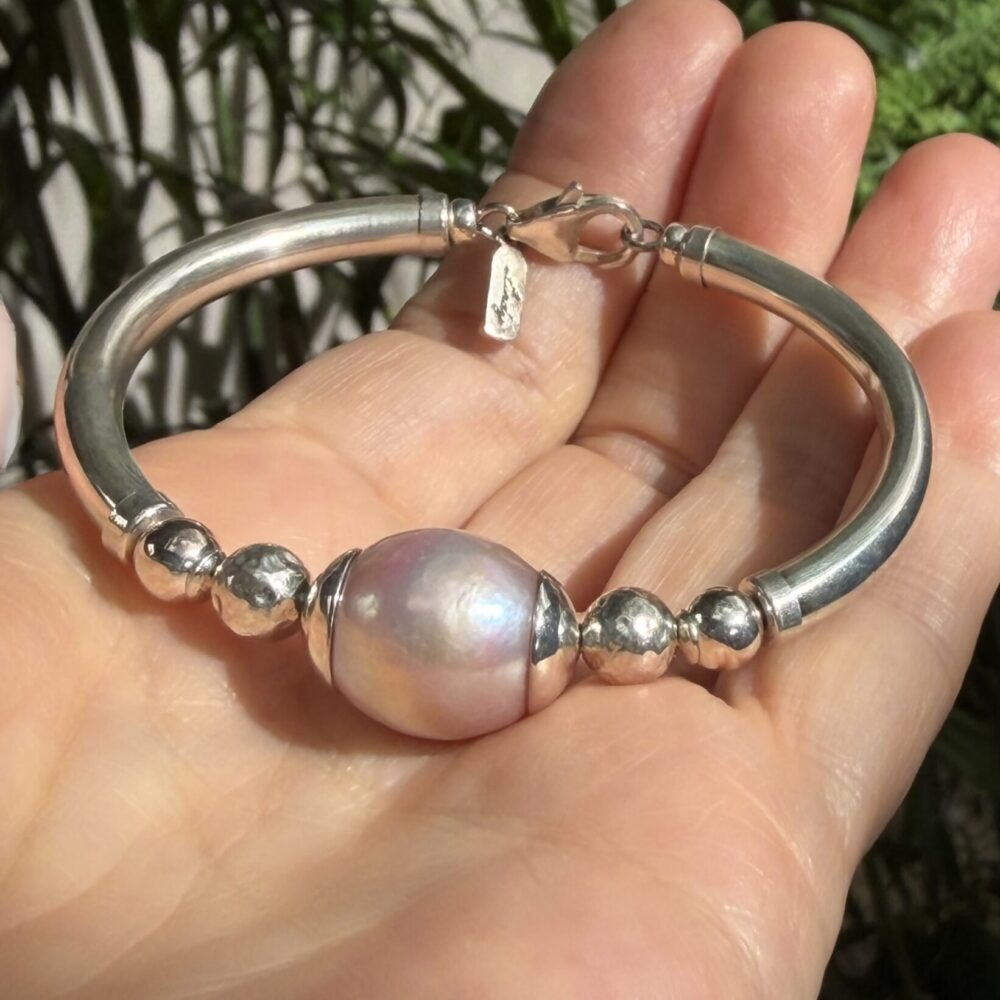 Baroque Pink Pearl Wide Band 925 Bracelet
