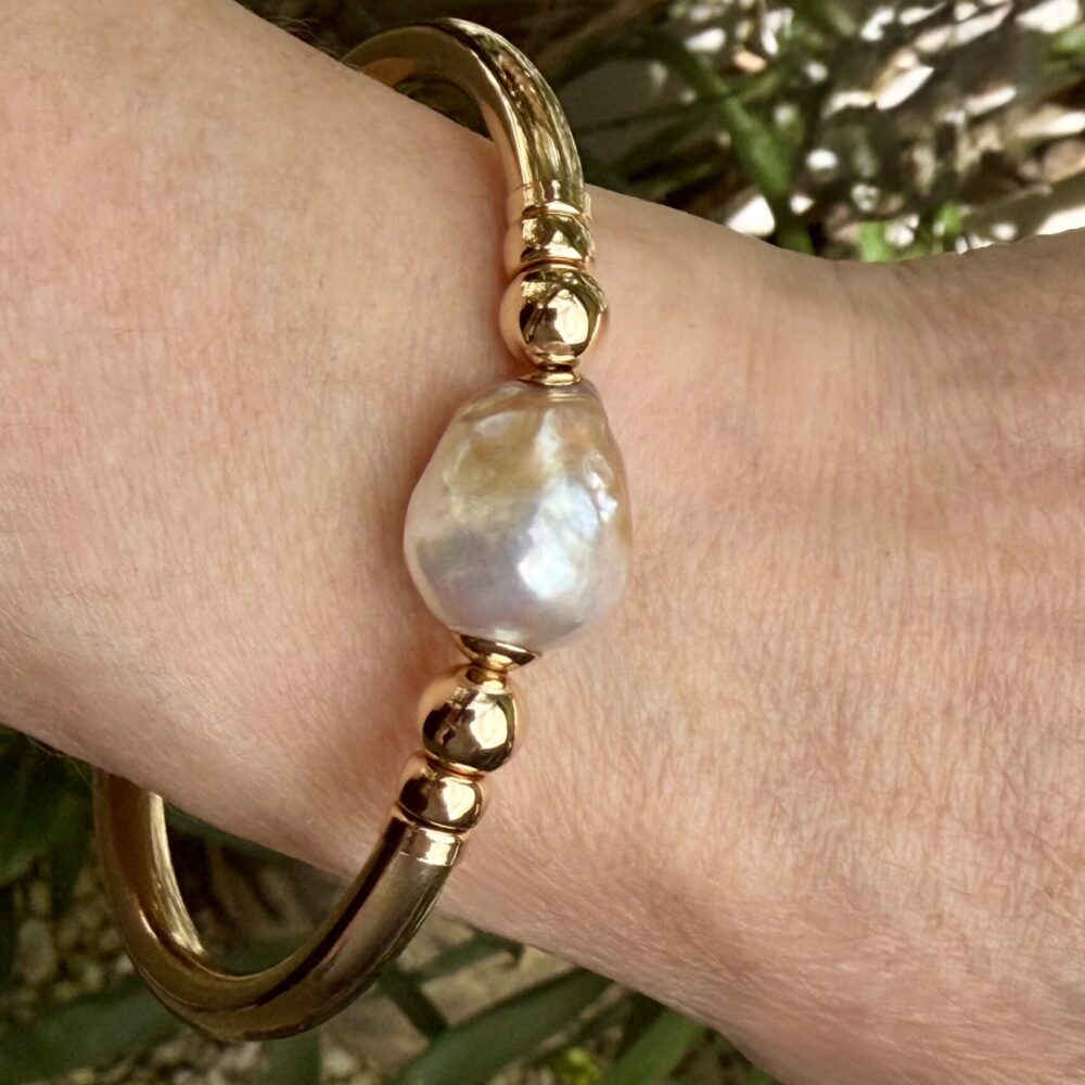 Baroque White Golden Pearl Wide Band Gold Filled Bracelet