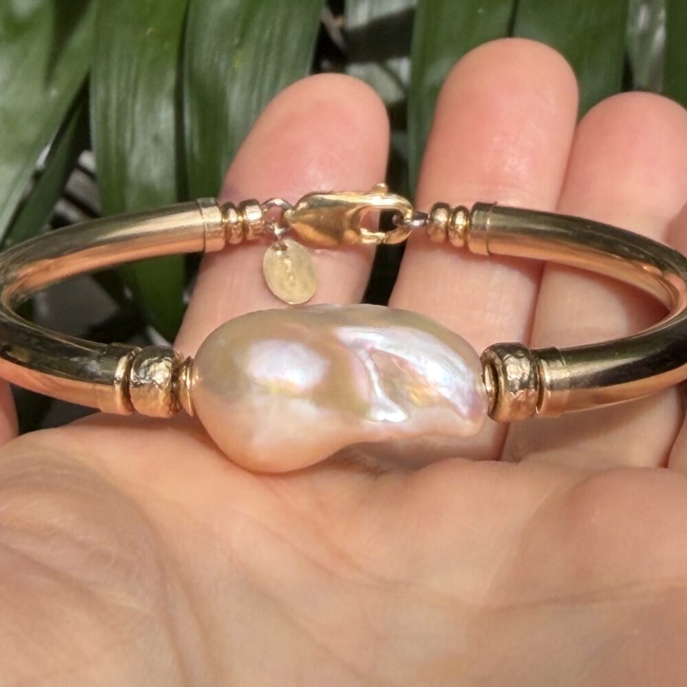 Baroque Pink Pearl Wide Band Gold Filled Bracelet