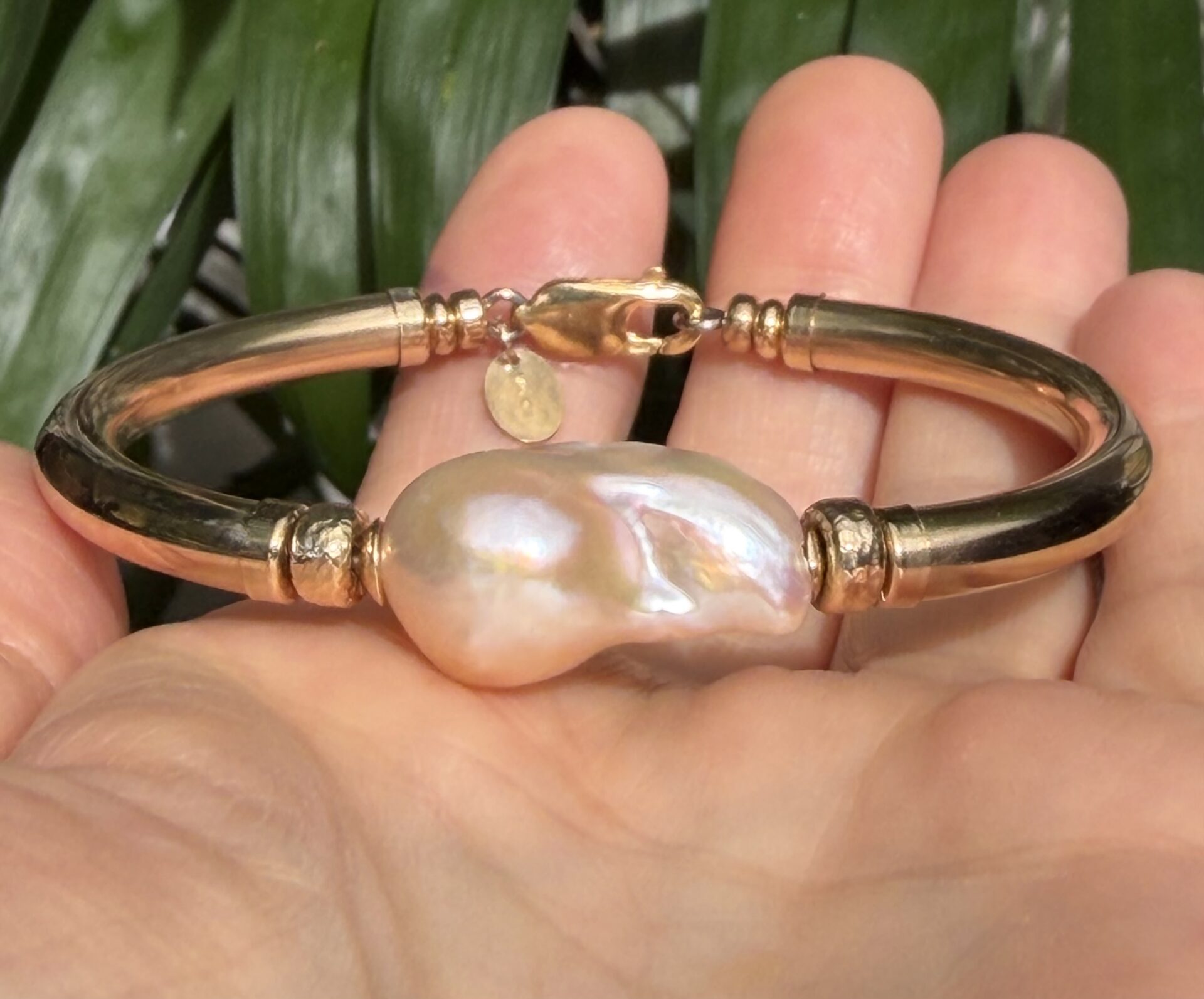 Baroque Pink Pearl Wide Band Gold Filled Bracelet