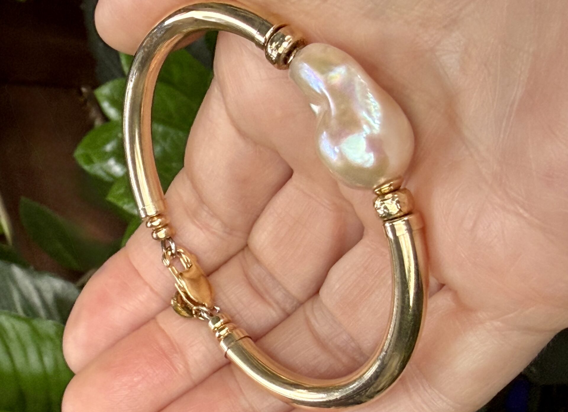 Baroque Pink Pearl Wide Band Gold Filled Bracelet - Image 2
