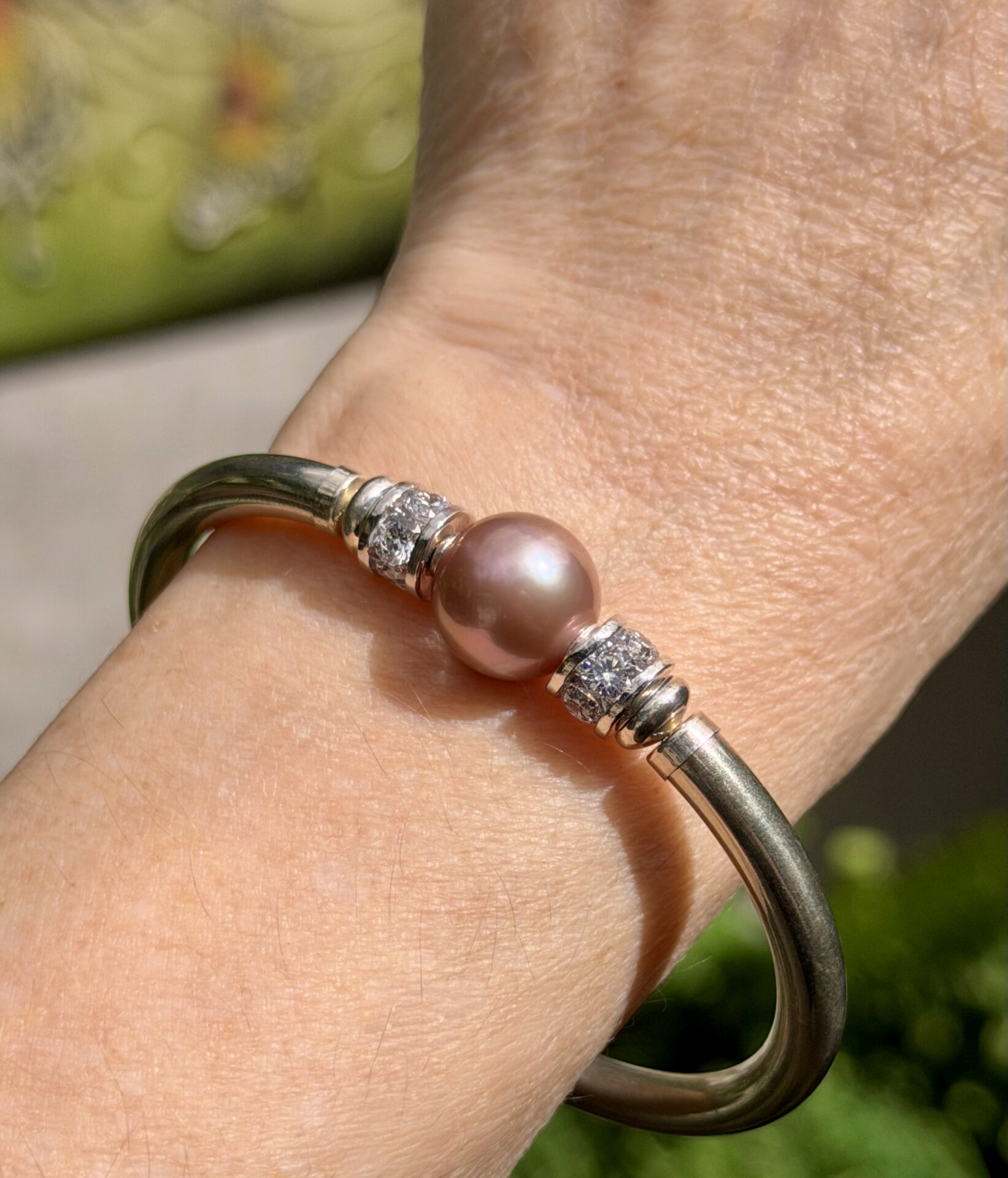 Round Pink Pearl Cubic Zirconia 925 Wide Band Bracelet - Image 2