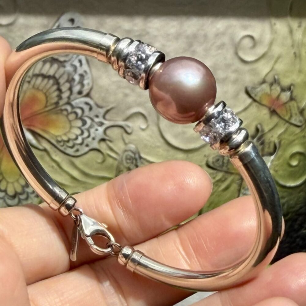 Round Pink Pearl Cubic Zirconia 925 Wide Band Bracelet