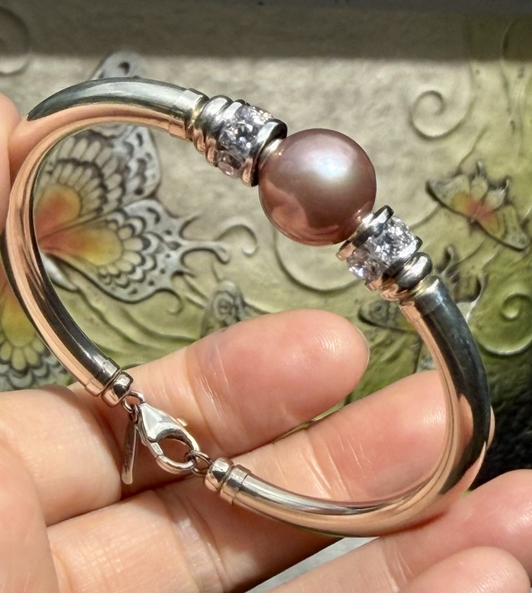 Round Pink Pearl Cubic Zirconia 925 Wide Band Bracelet