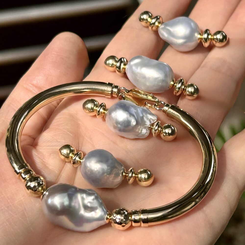 Baroque Platinum Blue Pearl Wide Band Gold Filled Bracelet