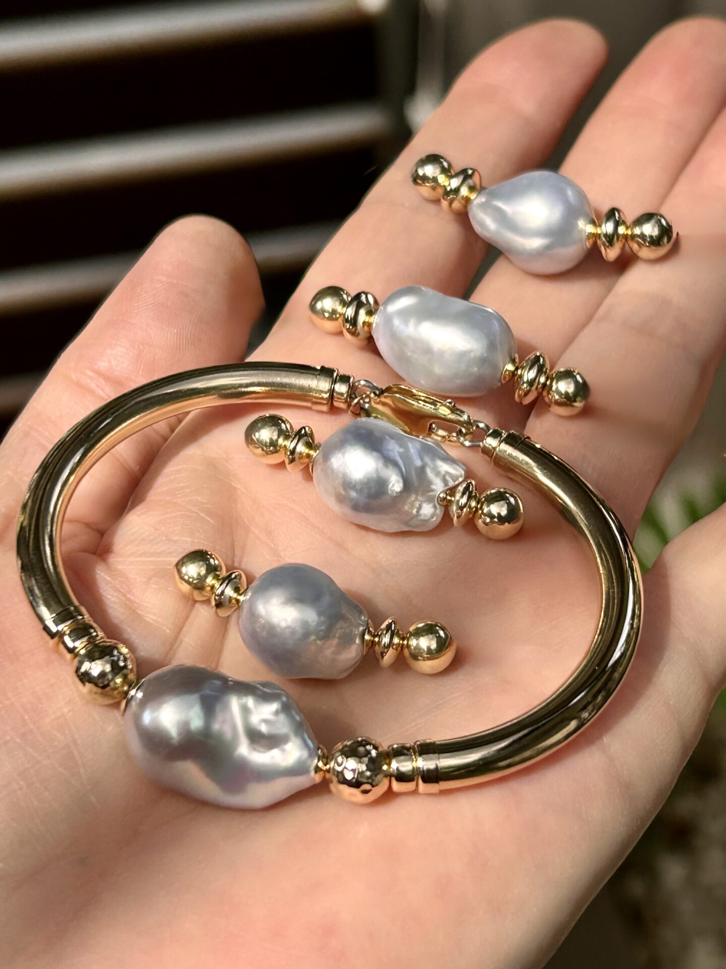 Baroque Platinum Blue Pearl Wide Band Gold Filled Bracelet