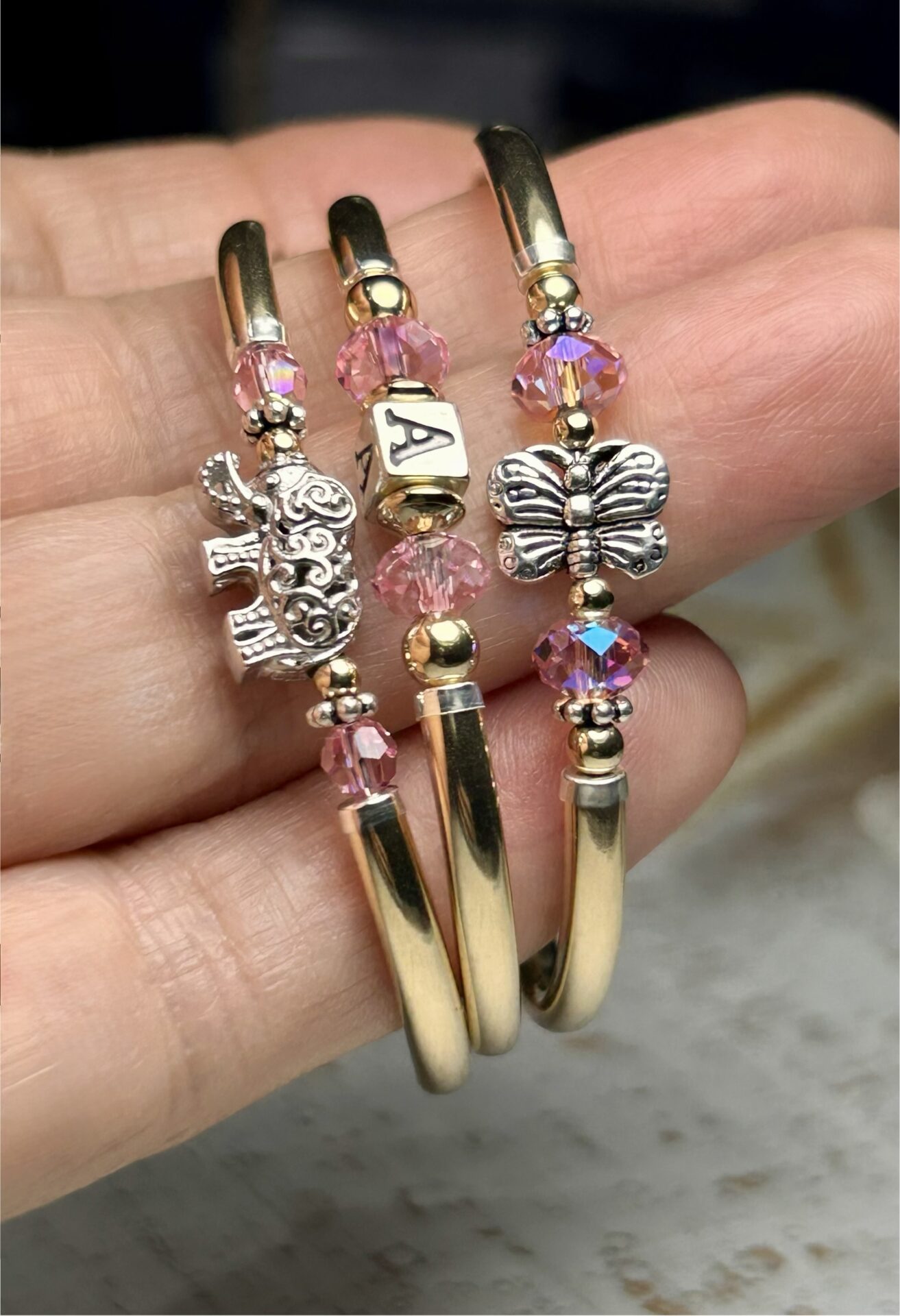 Baby Pink Crystal Butterfly Gold Filled Bracelet - Image 3