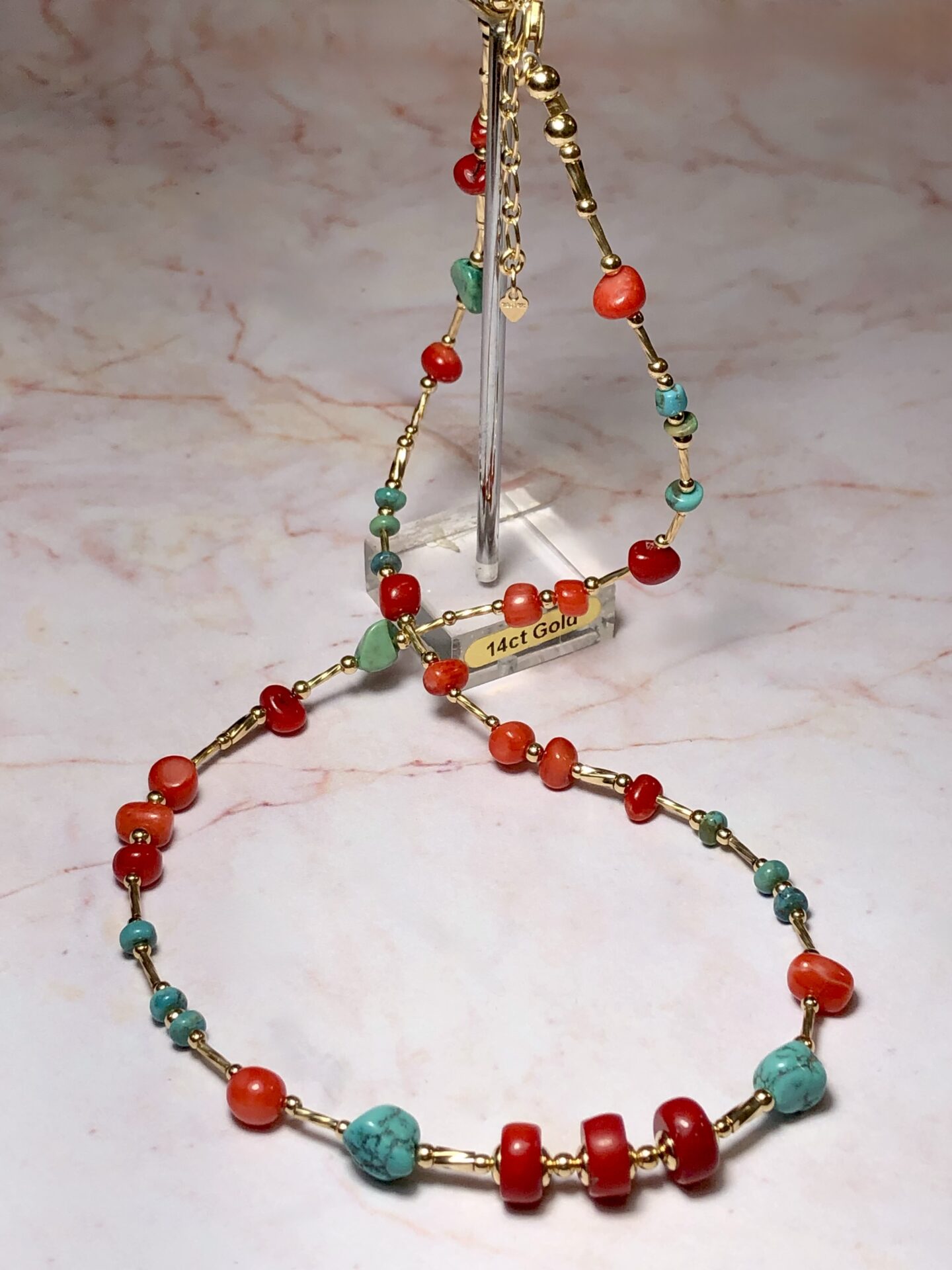 Necklace Turquoise and Red Coral 14K G/F