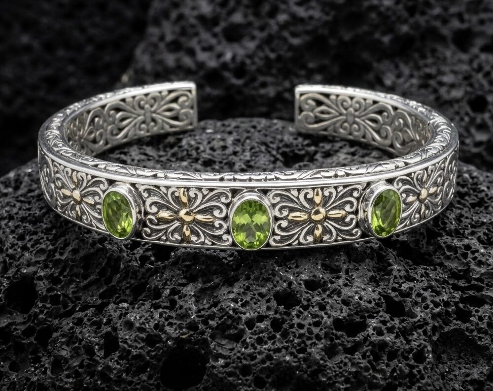 Sterling Silver Chantal Peridot 3 Stone Silver Bangle