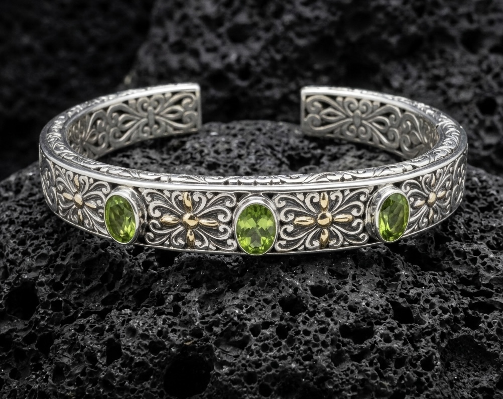 Sterling Silver Chantal Peridot 3 Stone Silver Bangle