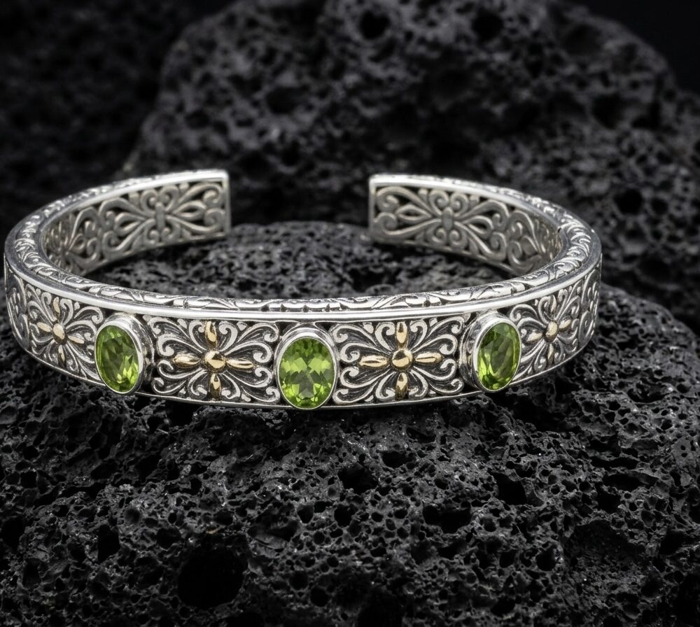 Sterling Silver Chantal Peridot 3 Stone Silver Bangle