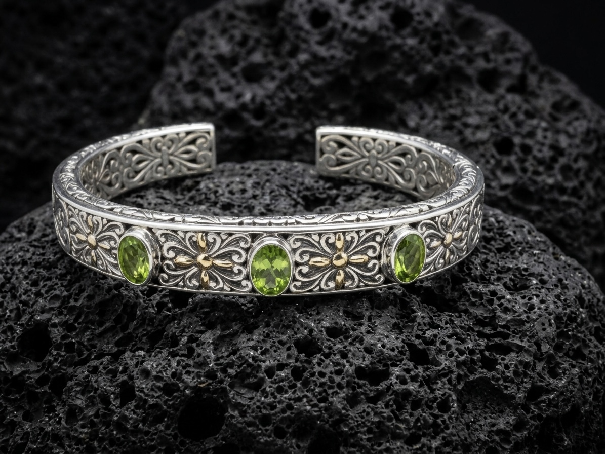 Sterling Silver Chantal Peridot 3 Stone Silver Bangle