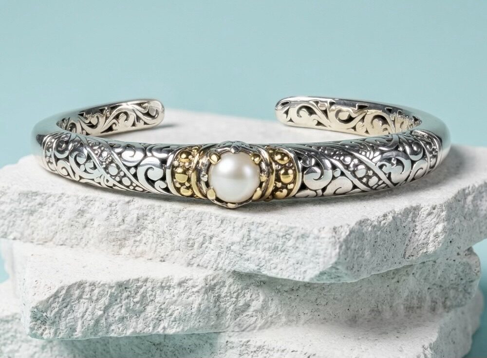 Sterling Silver Cristina Pearl Open work bangle