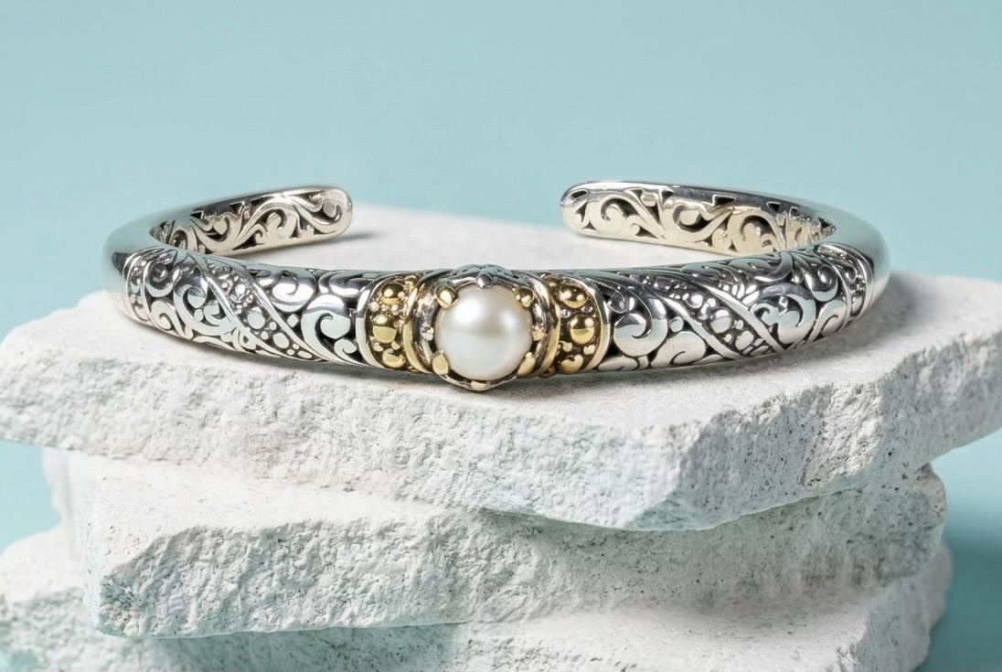 Sterling Silver Cristina Pearl Open work bangle
