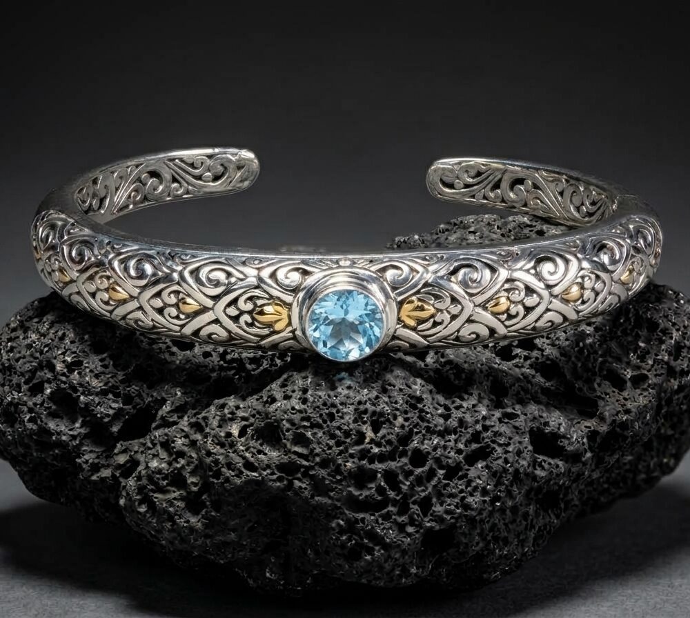 Sterling Silver Yvonne Swiss Blue Topaz Open-work bangle