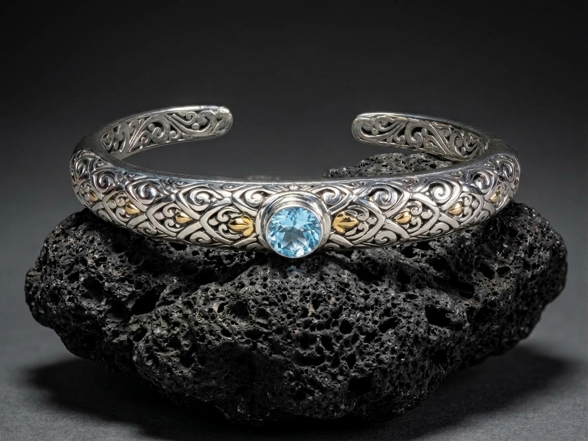 Sterling Silver Yvonne Swiss Blue Topaz Open-work bangle